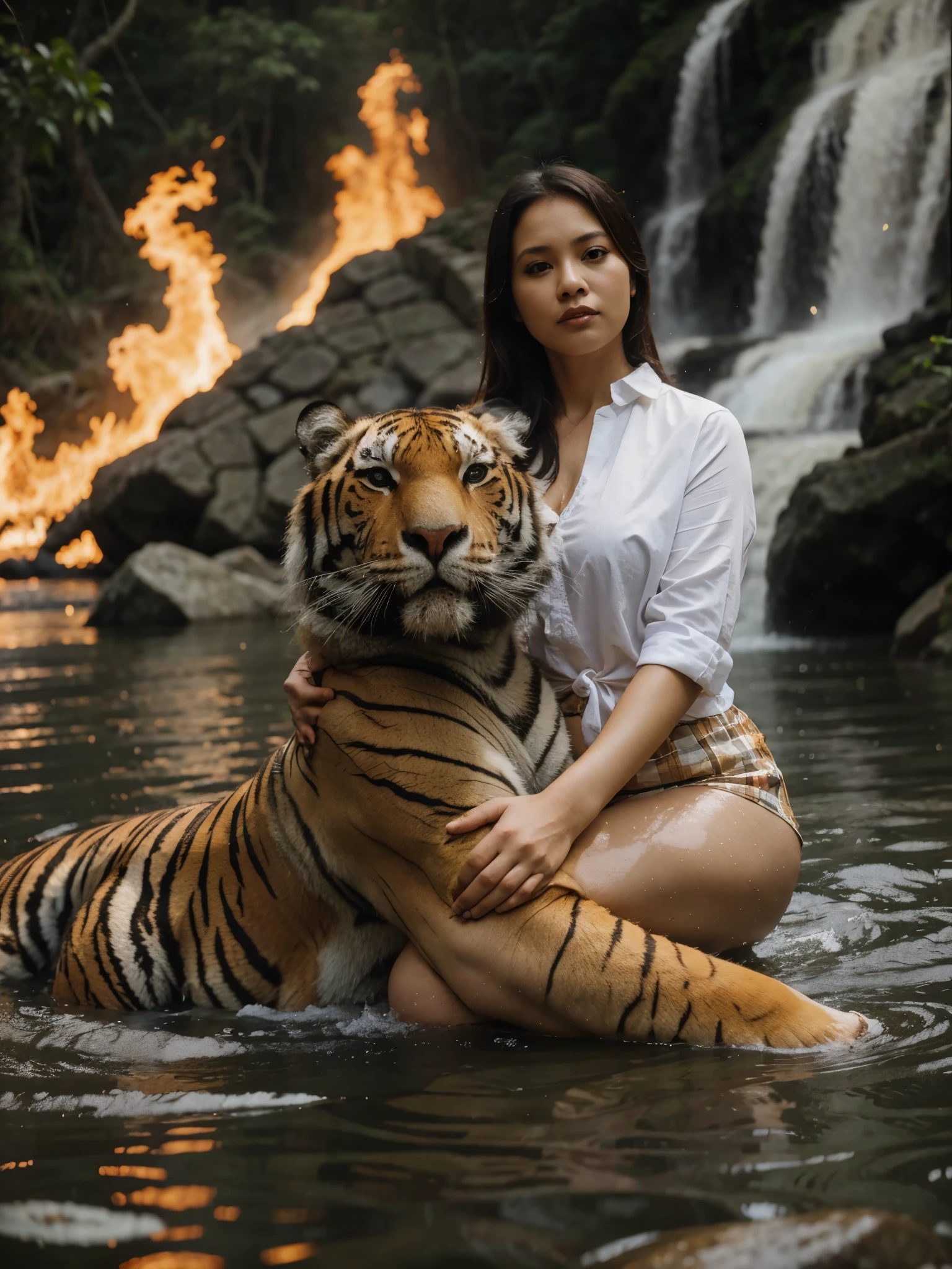 Indonesia woman, fat. Plump body, mature woman, 40 year old, with Tiger in the river