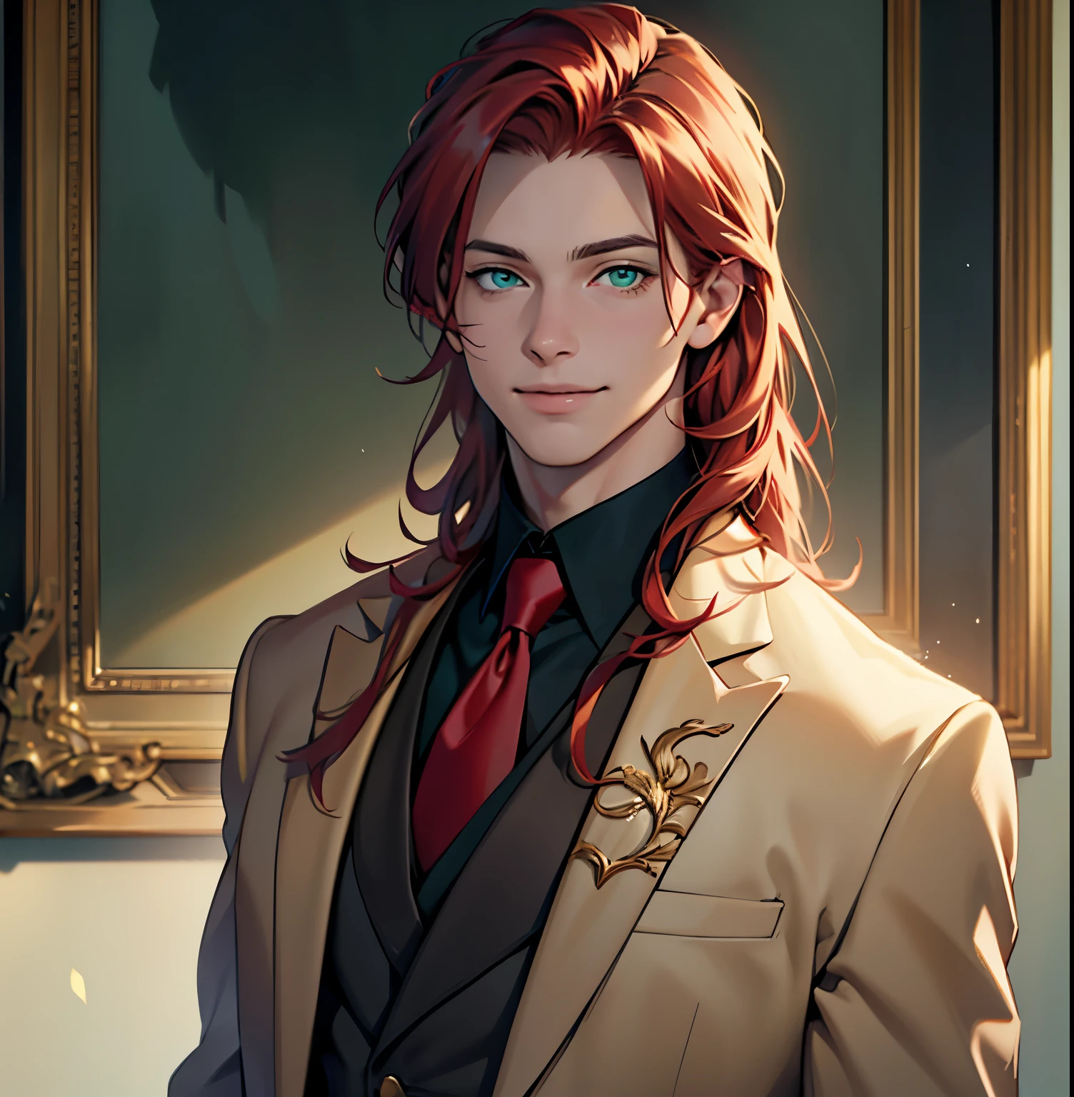 (realistic: 1.37, best quality, 4k, 8k, high resolution, masterpiece: 1.2), ultra-detailed, male, a young man with fair skin, medium red hair, dressed in elegant suit outfit with straight hair. anatomically correct. Green eyes, smile on face. age of sixteen.