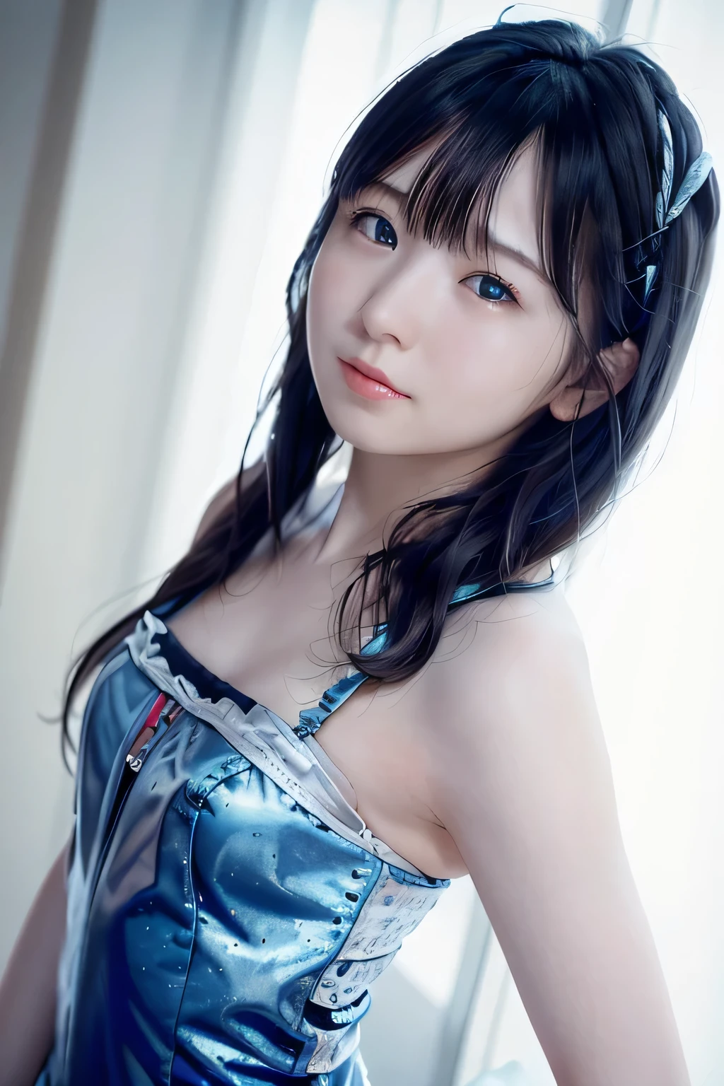 ８K, portrait, portrait, (alone), masterpiece, highest quality, １girl、、 (((slim)))、(flat body:1.35)、、cute、inverted triangle face、、((head shot))、blue hair、white skin、bright blue eyes、dark lighting、concentrated expression、(highly detailed skin、skin details)、sharp focus、、intricate details、very detailed, Cluttered and detailed background