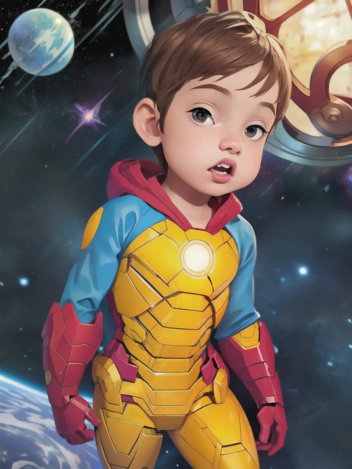 Cinematic Cartoon style. Comic art. TME0224 face, (((a baby boy, 4yo))) in a funny night, brown eyes, (((wearing a red and yellow Iron-Man costume))). (((Comic cosmic space with stars background))). cinematic lighting, drop shadow, masterpiece, UHD, anatomically correct, textured skin, super detail, high details, high quality, best quality, 4K