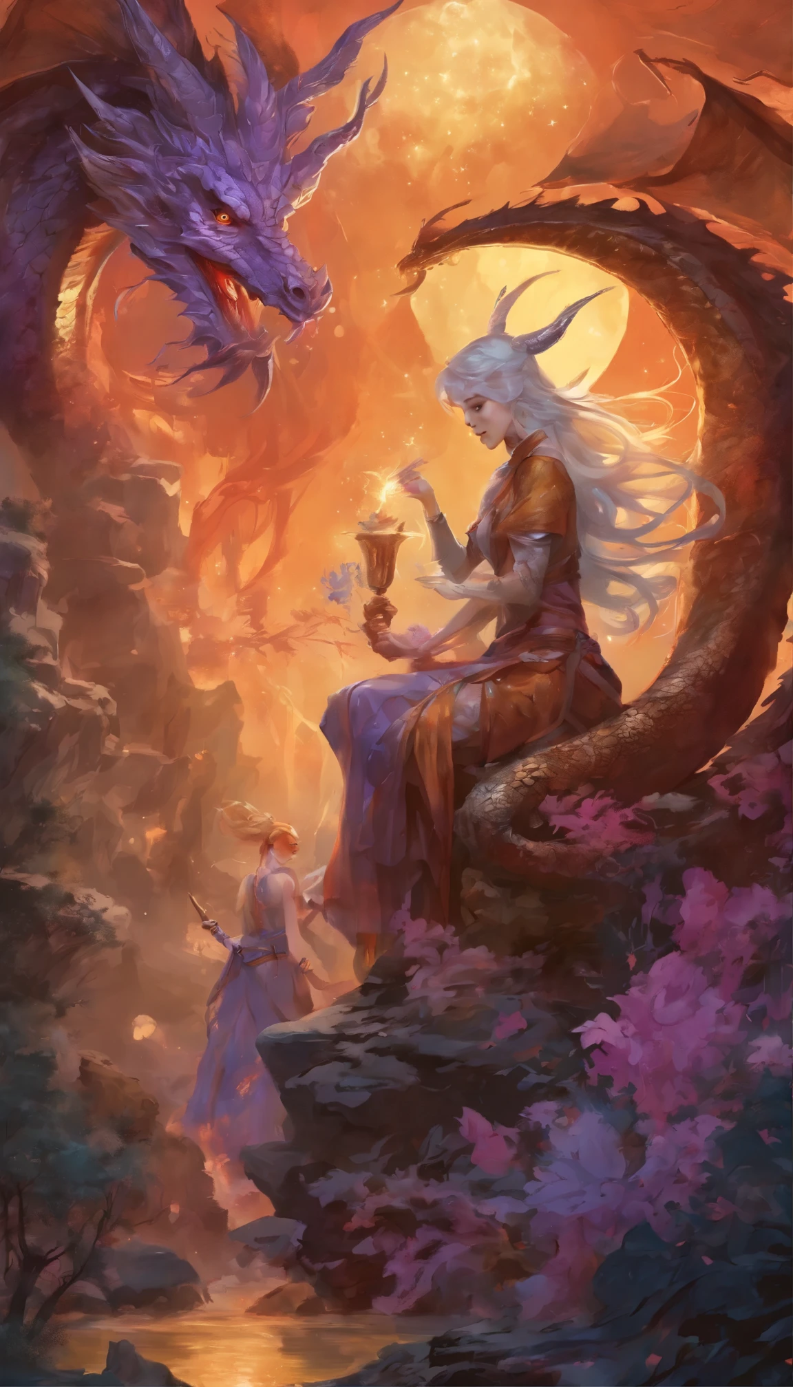 ((best quality)), ((masterpiece)), (detailed), perfect face, Fantasy action scene, (("(Group of women priestesses!!:1.3) magically summoning 1dragon!! (Western Dragon:1.5) made of swirling_liquid_metal and lavenderblooms!!")), ((("dissolving dragon!!"))), on a full moon night in a supernatural forest, Metallic_Vexing_Violet_color accents, magic, soft lighting, sharp focus, by Marc Simonetti & yoji shinkawa & wlop & james jean, nekroxiii, paint drops, rough edges, trending on artstation, studio photo, intricate details, highly detailed, moonrays, detailed brushwork, illustration, epic perfect composition, energetic, dan mumford and anna dittmann,