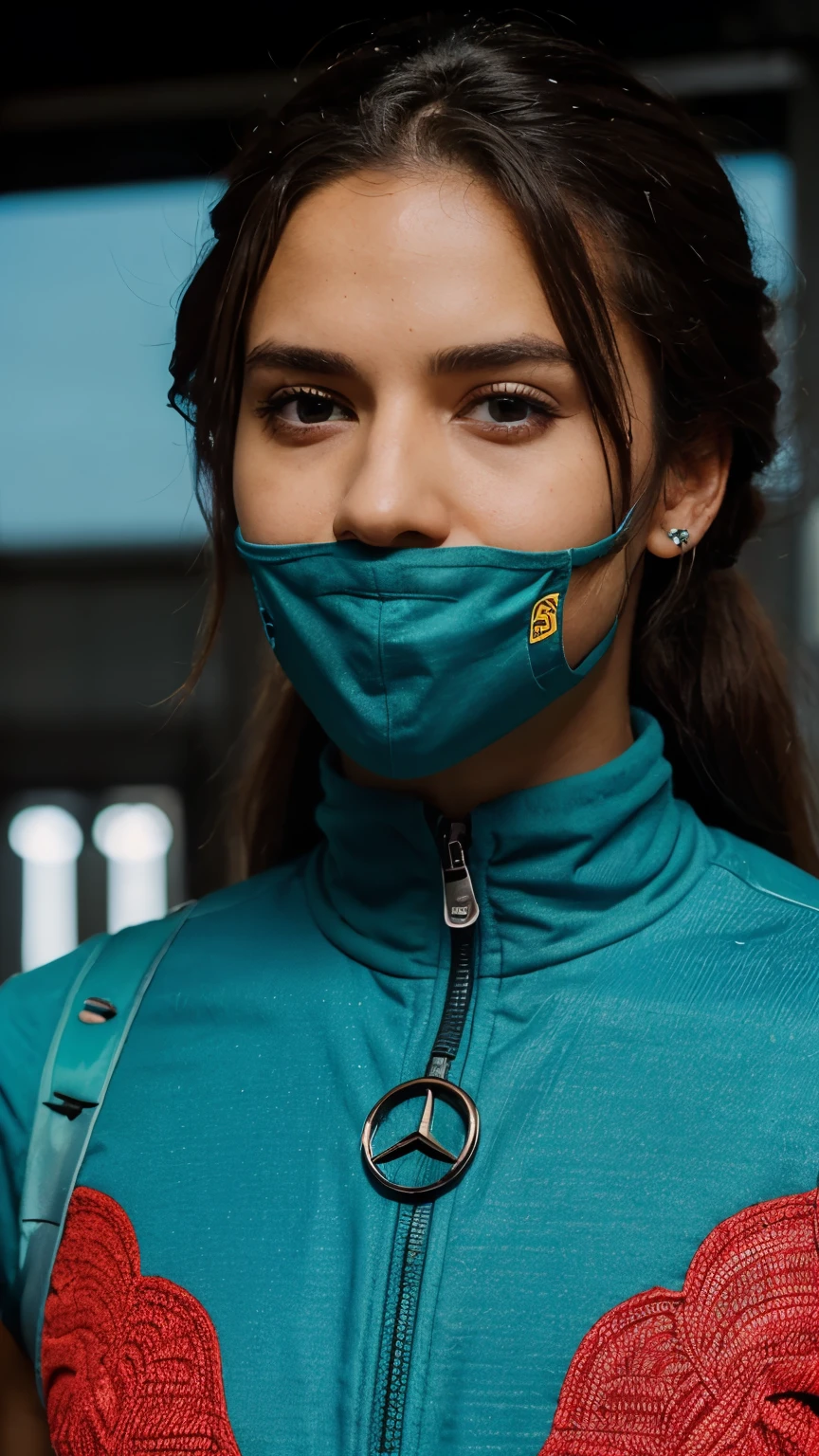 Lewis Hanilton im Vordergrund. Im Hintergrund das Mercedes und Ferrari logo. Behind the colors red and turquoise. Behind Ferrari red and Mercedes turquoise. Beide Farben laufen hinter Lewis Hamilton ineinander