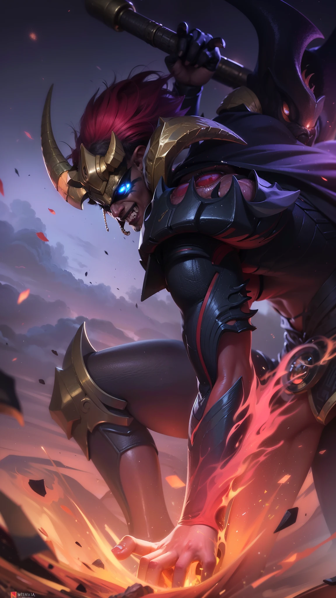 masculine male, masterpiece, ((perfect eyes)) best quality, (semirealism:1.9), beautiful lighting, (extremely detailed CG unity 4k fhd wallpaper), High Detail, Sharp focus, dramatic outdoors, white short hair, Boy with two big horns, big earrings on ears, elf ear, red eyes, Thick eyebrows, evil smile, grinning, red body, black face, Burning skin, yellow diamonds glistening on chest, burning red skin, golden robe behind, big white belt, 8k, realistic, scary, strong red eye glow (red eye:1.2).