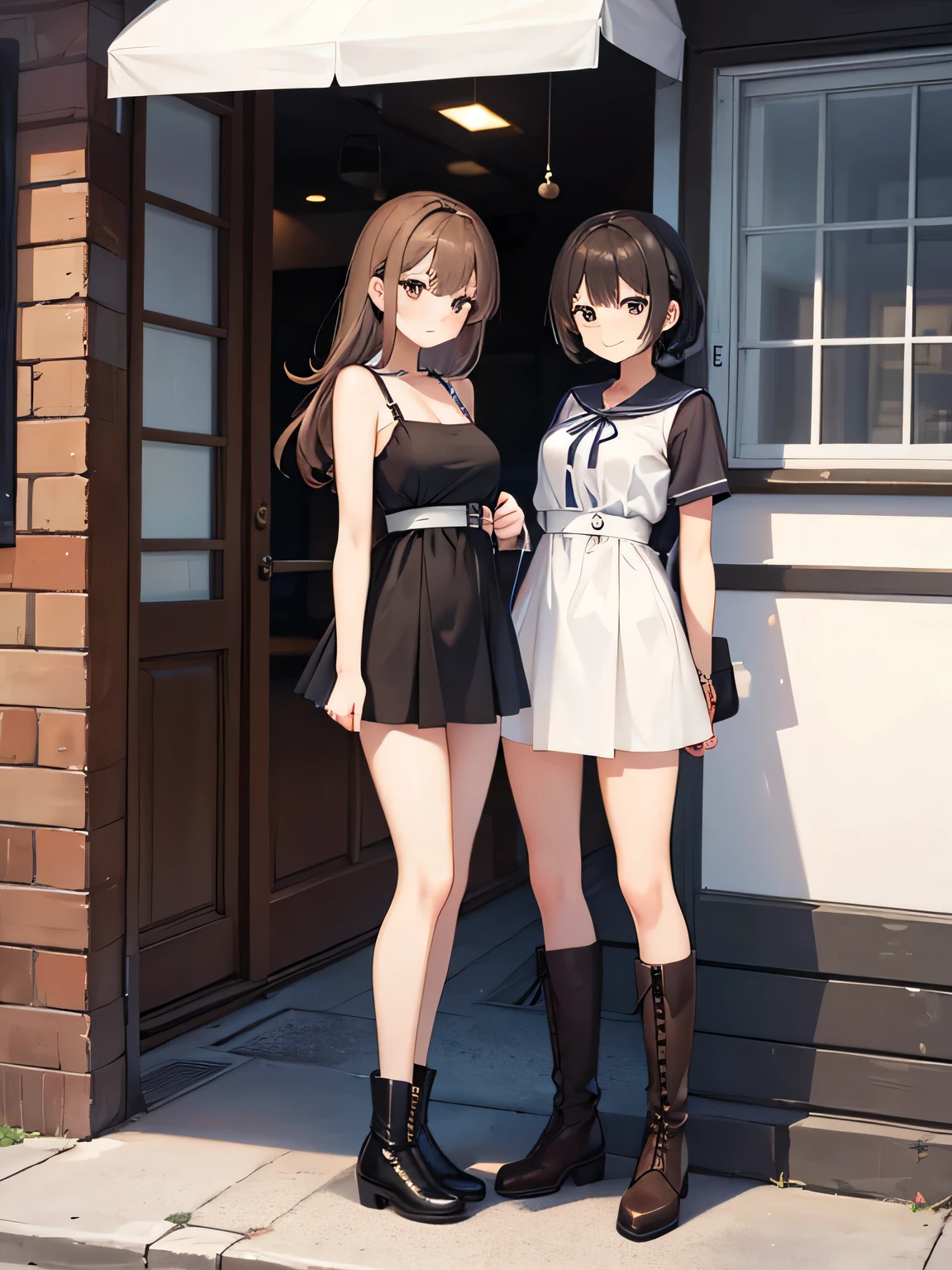 (1) Two women are standing in front of a stylish cafe.
(2) The first woman is a -yeld hischool student with a childish appearance., short black hair, Wearing a mini dress and long boots.
(3) The second woman is a 22-year-old college student with a mature appearance., long brown hair, Wearing a body-conscious dress and long boots.
(4) two women smiling.