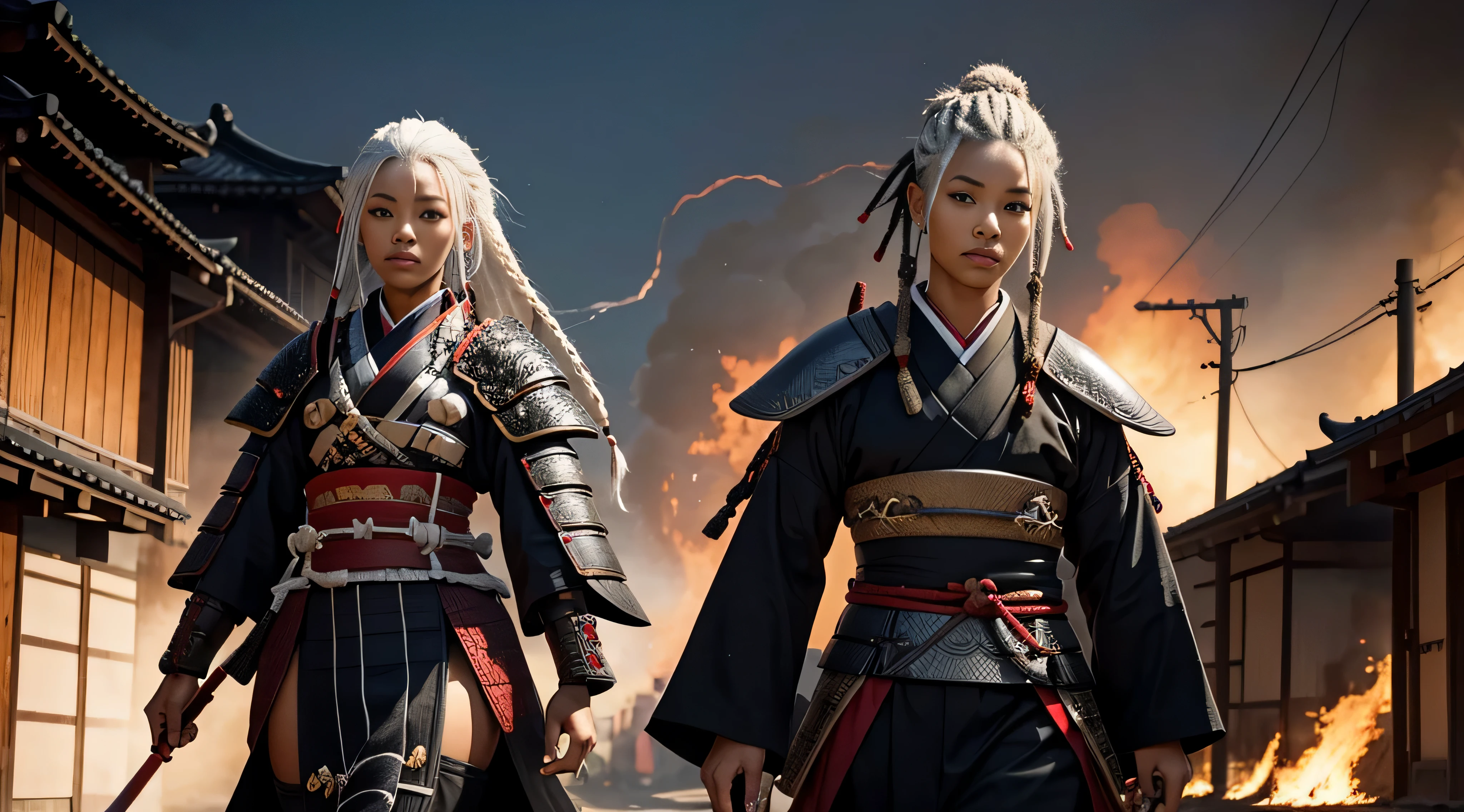 black woman, samurai clothing, Samurai armor, dreadlocks, Ron's, White hair, red eyes eyelashes, The village is on fire, divine Light, to walk