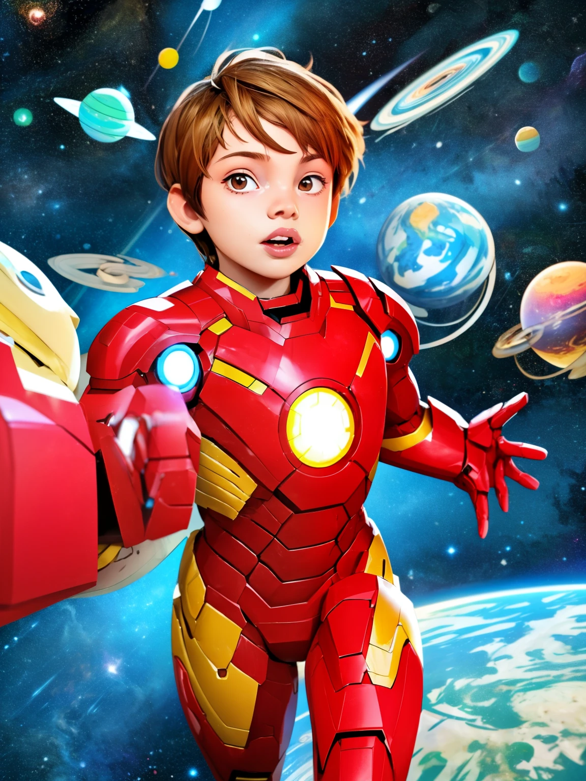 Cinematic Cartoon style. Comic art. TME0224 face, (((a baby boy, 4yo))) in a funny night, brown eyes, (((wearing a red Iron-Man costume))). (((Comic cosmic space with stars background))). cinematic lighting, drop shadow, masterpiece, UHD, anatomically correct, textured skin, super detail, high details, high quality, best quality, 4K