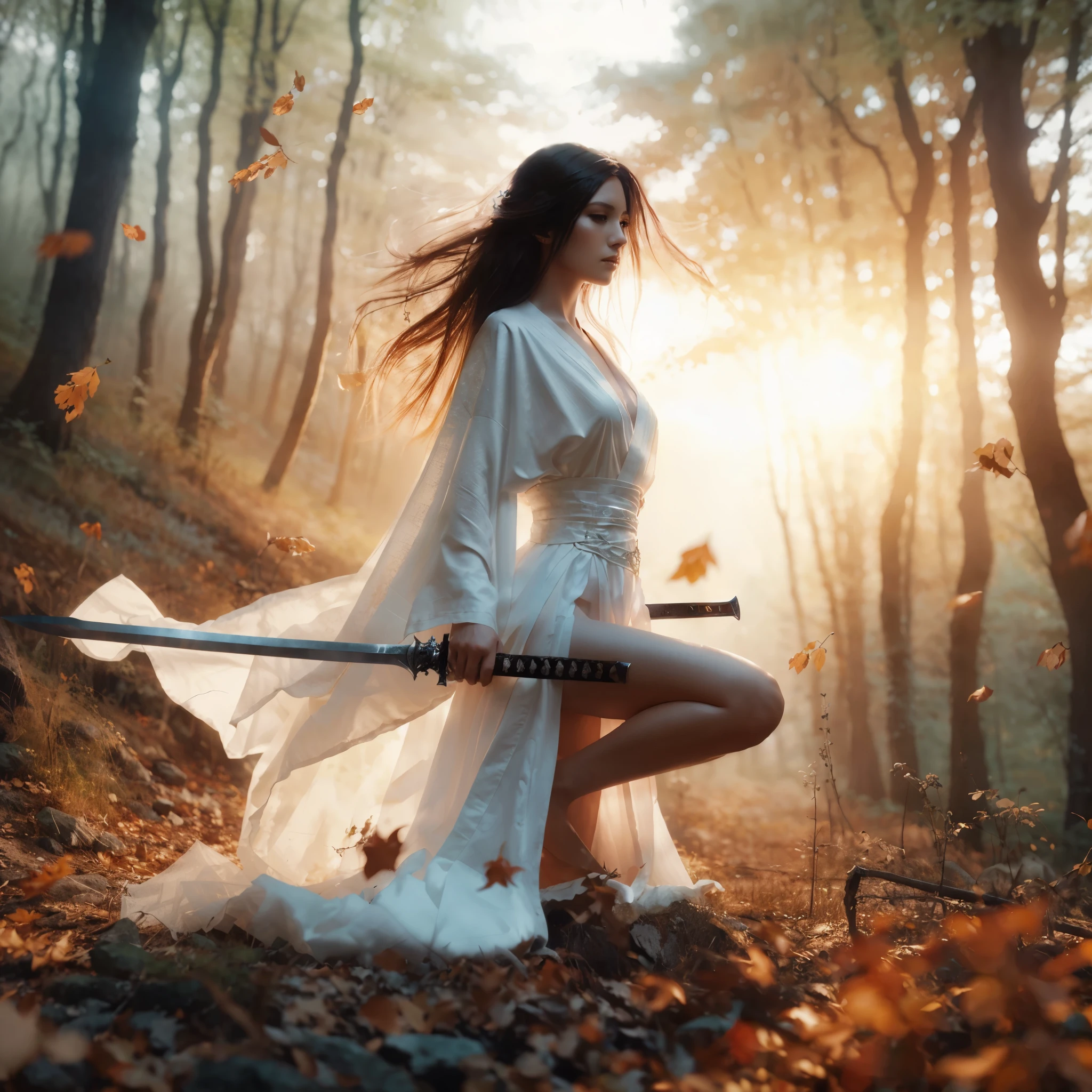 a woman with a sword in a white dress in a forest, elegant cinematic fantasy art, flowing white robes, ross tran 8 k, cgsociety contest winner, in style of dark fantasy art, 4k fantasy art, neoartcore and charlie bowater, cgsociety contest winner!!, fantasy art behance, dark fantasy style art, long flowing white robe