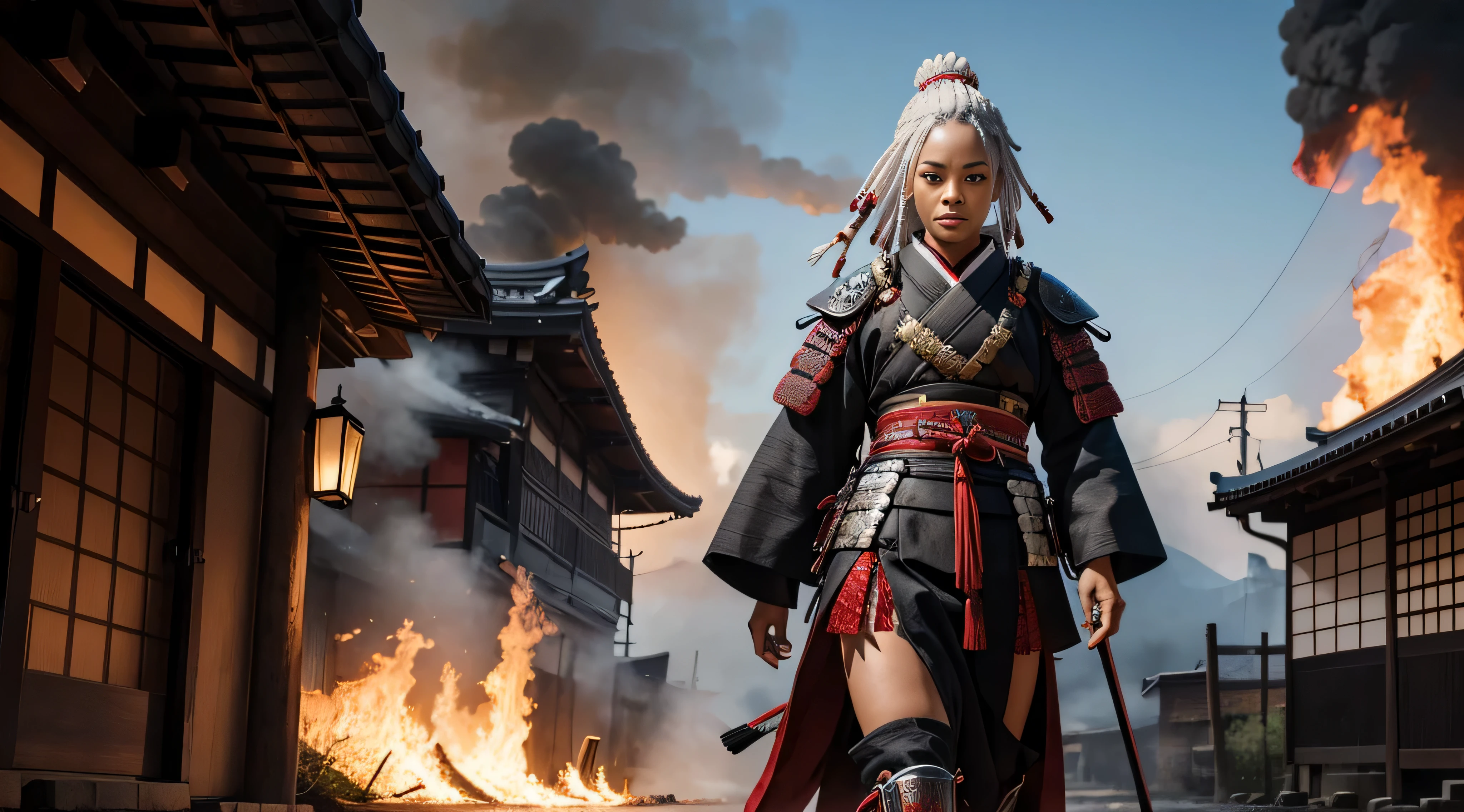 black woman, samurai clothing, Samurai armor, dreadlocks, Ron's, White hair, red eyes eyelashes, The village is on fire, divine Light, walking through the flames