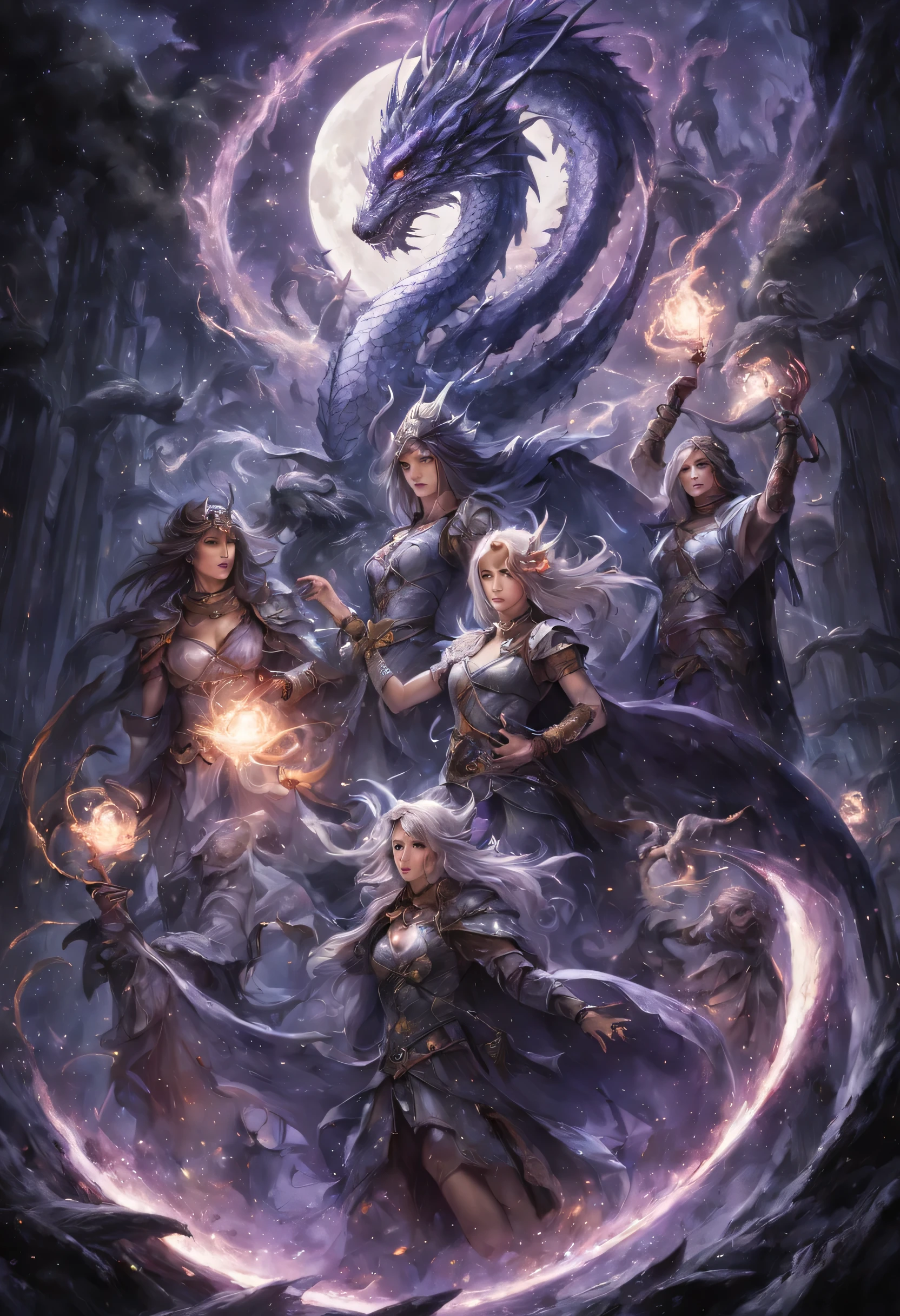 ((best quality)), ((masterpiece)), (detailed), perfect face, Fantasy action scene, (("(Group of women priestesses!!:1.3) magically summoning 1dragon!! (Western Dragon:1.5) made of swirling_liquid_metal and lavenderblooms!!")), ((("dissolving dragon!!"))), on a full moon night in a supernatural forest, Metallic_Vexing_Violet_color accents, magic, soft lighting, sharp focus, by Marc Simonetti & yoji shinkawa & wlop & james jean, nekroxiii, paint drops, rough edges, trending on artstation, studio photo, intricate details, highly detailed, moonrays, detailed brushwork, illustration, epic perfect composition, energetic, dan mumford and anna dittmann,