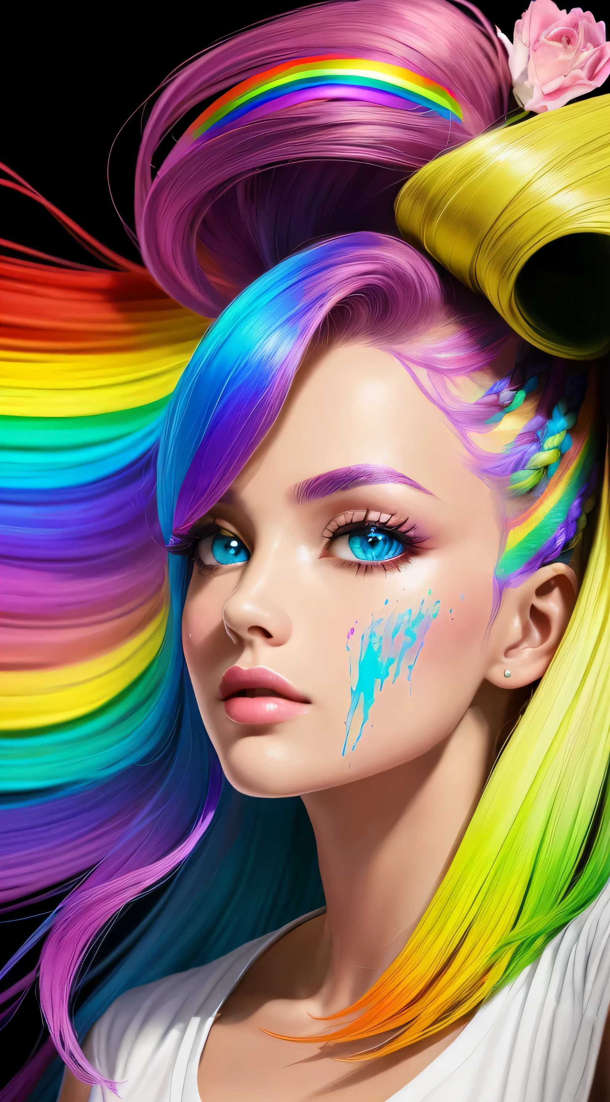 Foto de Jennifer Esposito,fotorrealista,(Camiseta Rosa Moda: 1.9),(Cor do Cabelo: 1.8), (all colors of the rainbow: 1.8),((((pintura vertical:1.6))), (pintura: 1.6),testa, Comics, Illustrations, Tintas, olhos grandes, olhos de cristal,( high ponytail rainbow color gradient:1.7), maquiagem requintada, boca fechada,(Pequeno fresco: 1.5),(Peito limpo: 1.5),(Peito limpo: 1.5) 1.6), longeyelashes, camiseta branca off-shoulder, camisa branca do ombro, looking at the audience, grandes olhos lacrimejantes, (rainbow hair color:1.6), salpicos de cor, (somente: 1.8), respingo de cor, Color explosion, estilo de pintura grossa, messy lines, ((brilhante)), (Colouring), (Colouring), (Colouring), Colouring, estilo de pintura grossa, (chapinhar) (salpicos de cor), pintura vertical, parte superior do corpo, Splatter de tinta, Acrylic Pigment, gradiente, pintar, A mais alta qualidade de imagem, very high quality, Masterpiece, floor, profundidade de campo, pintura facial, roupas coloridas, (elegante: 1.2), Beautiful, Cabelos Longos, vento, (elegante: 1.3), (Petals: 1.4),((Masterpiece))),((melhor qualidade))),((ultra-detalhado)),(ilustration),(angle dynamic),((Flutuante)),(pintura),((cabelos desgrenhados)),(somente),(1) , (((Rosto anima detalhado))),((Rosto anima detalhado)),(rosto bonito e detalhado )),colar,ombros nus,cabelos brancos, ((Cabelos Coloridos)),((cabelo listrado)),(olhos detalhados bonitos,(gradient color eyes),((Eye Colorations))),(((Background Coloring ))),(high saturated))),((surrounded by splashes Colorings))),