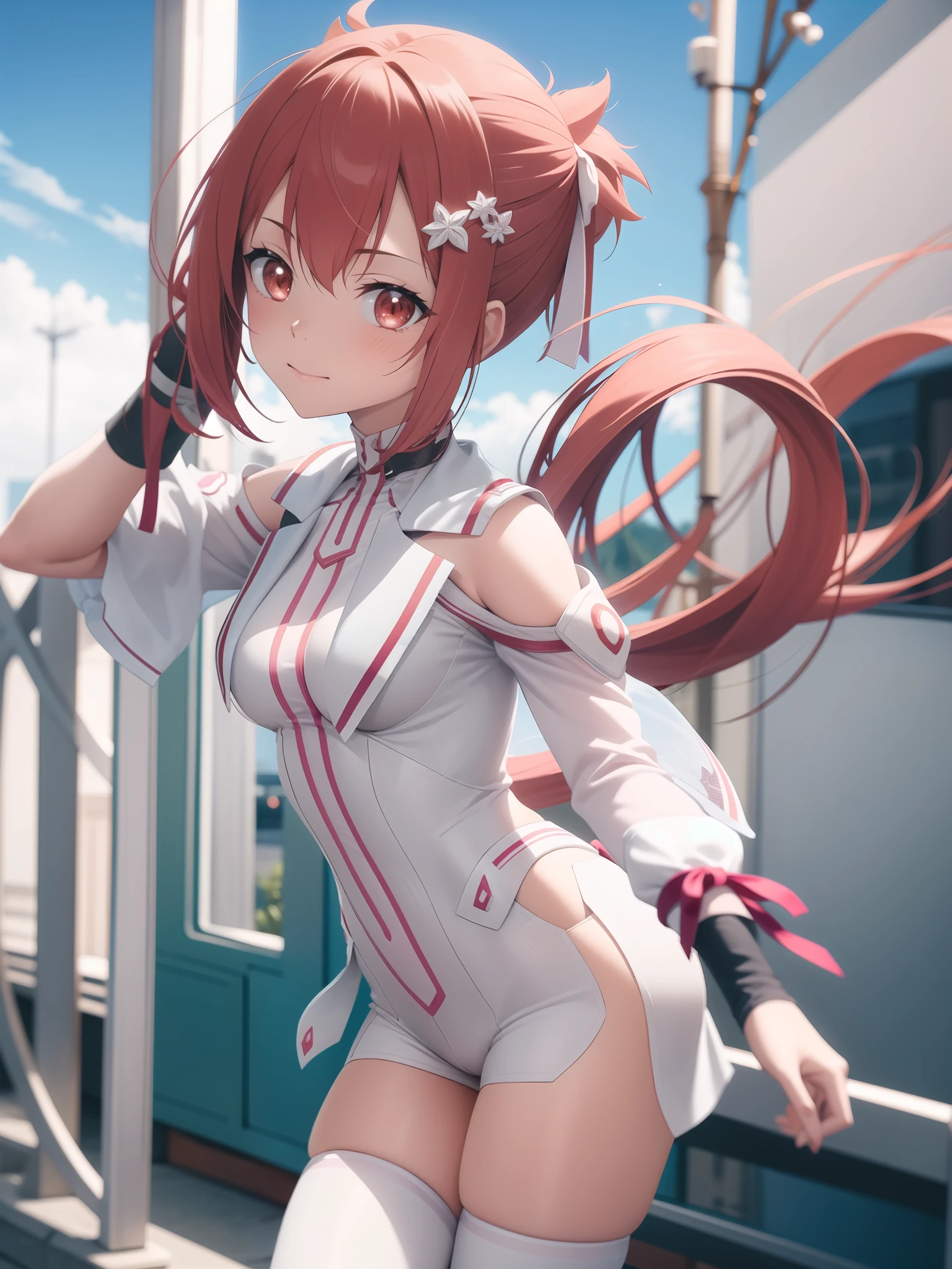 masterpiece, best quality, high resolution, 1girl, solo, Takashima_Yuna, looking at viewer, hair ornament, red eyes, thigh highs, ribbon, very long hair, hair ribbon, red hair, hair flower, side ponytail, magical girl,