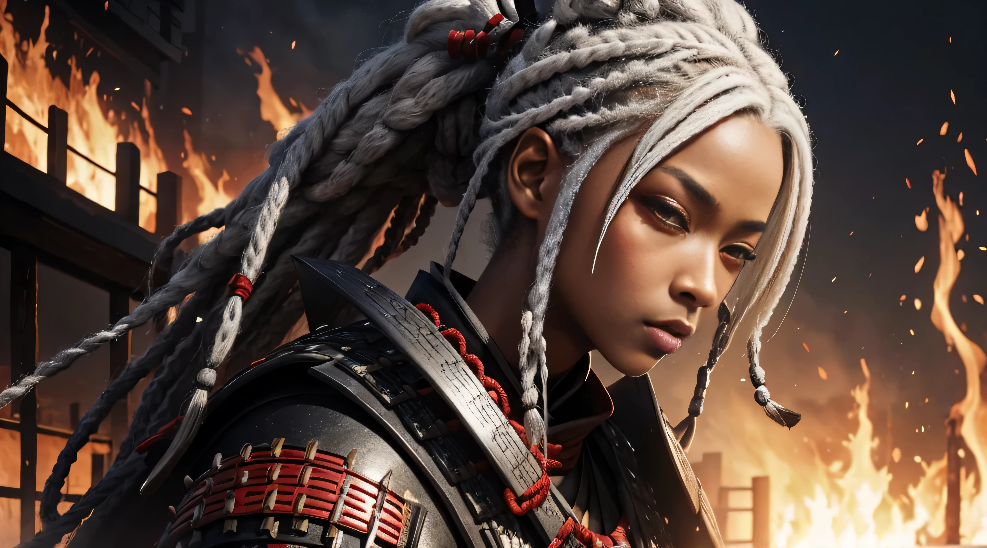 black woman, samurai clothing, Samurai armor, dreadlocks, Ron's, White hair, red eyes eyelashes, The village is on fire, divine Light, walking through the flames