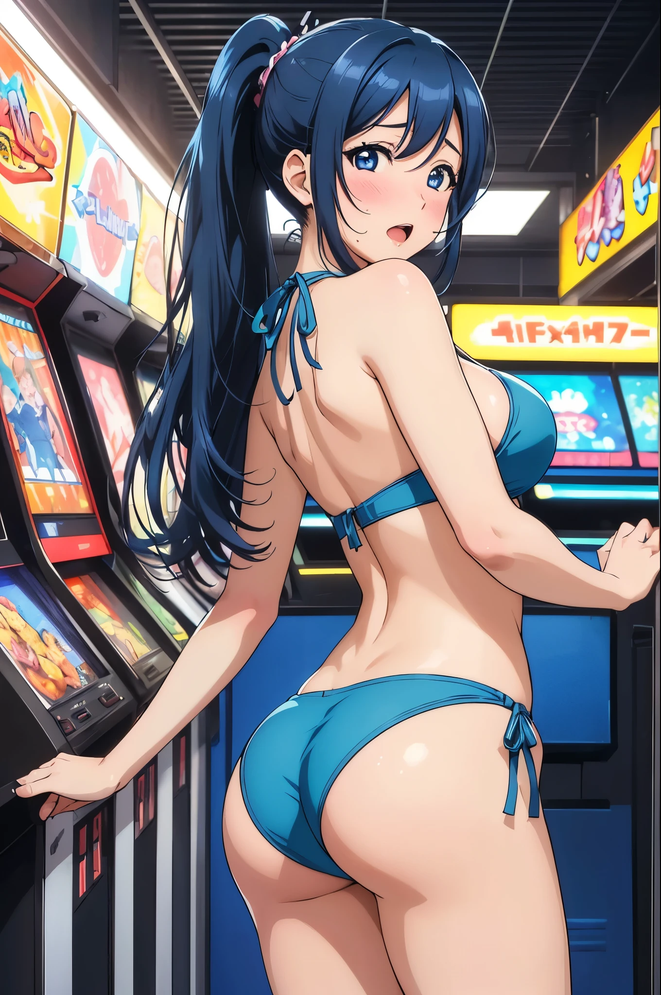 (best quality,4k,8k,highres,masterpiece:1.2), cowboy shot ,ultra-detailed, from behind, looking back,matsuura kanan, blue hair, ponytail , moist skin, ahoge,(blushing:1.2), open mouth, white string bikini, big breasts, standing,in arcade hall, 