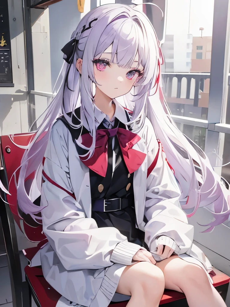 White hair mixed with light purple、long hair、red and red-purple odd eyes、ephemeral、Looks smart、Upper grade elementary school students、baggy clothes、sitting on a lilac chair、girl