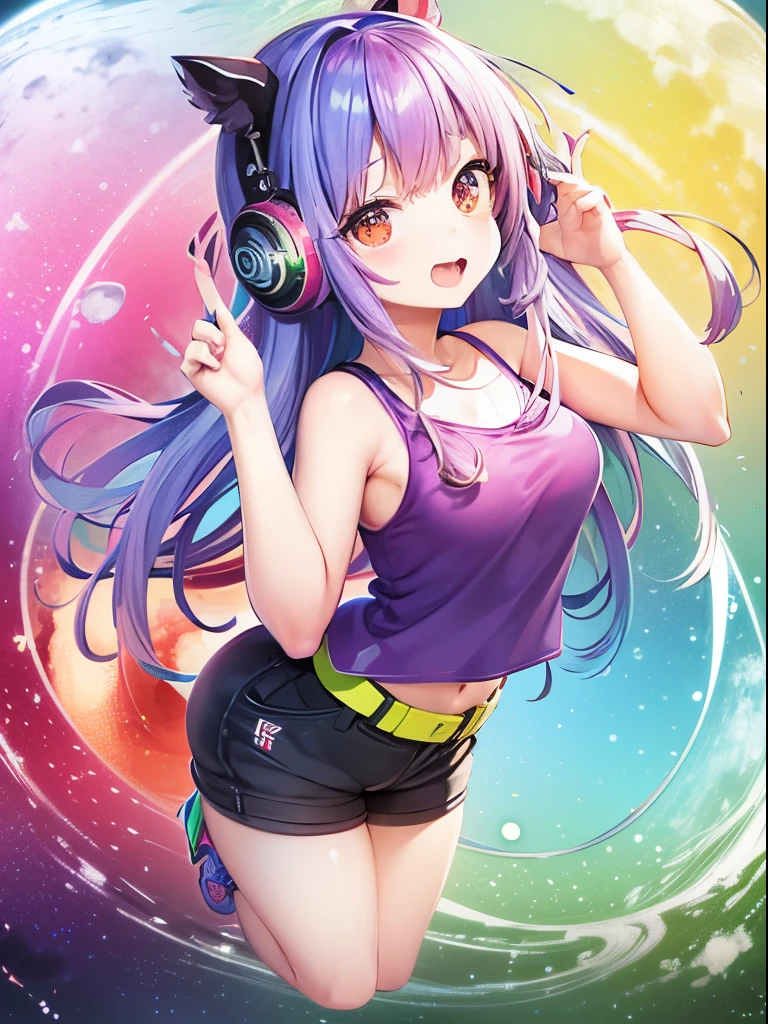 ((((break,Design images using the fisheye effect, Unique shape captures a wide field of view, curved perspective.break,))8K, best quality, master piece, ultra-detailed, Beautiful girl wearing large headphones、cheerful and bright expression、shorts、Tank top、Green Short Socks、light blue bra、Colorful belts、wearing large flashy sneakers、pastel colour、flashy hair、vivid background、Parallel world、rainbow、rainbow色の雫、Unreal world、colorful background、Colorful moon、Colorful plants