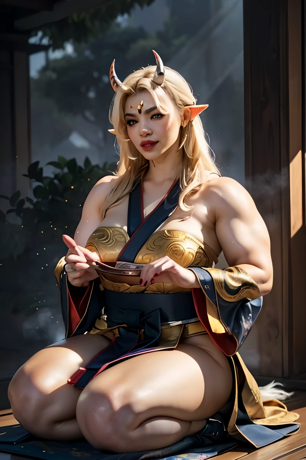 Numerous award-winning masterpiece, with incredible detail, textures and maximum detail), (hyper realistic:1.4), (full-body image:1.6),(beautiful female oni warrior:1.7),( sitting in seiza pose:1.7) (thick curvy and mature body yet muscular:1.5), (reddish fair skin tone:1.3), (wearing off shoulders kimono1.2), (2 long oni horns:1.44),(pointy ears)(white long hair blown by the wind:1.2) (wind effect) (best quality real texture skin), (finely detailed true circle eyes), (finely Detailed and beautiful face that is out of this world:1.6), (The challenging look of the proud warrior), (She has serious gaze in her eyes and a grin on her face:1.3), (Beautiful eyes that sparkle and shine), (Dramatic Light),(A majestic sight), (((dramatic photo))),(Sunny), ((dramatic pose)), (flamboyant photo), (golden hair), epic realistic, faded, art, (art station:1.5), cinematic, ((neutral colors)), (hdr:1.5), (muted colors:1.2), hyper detailed, dramatic light, (intricate details:1.1), complex background,