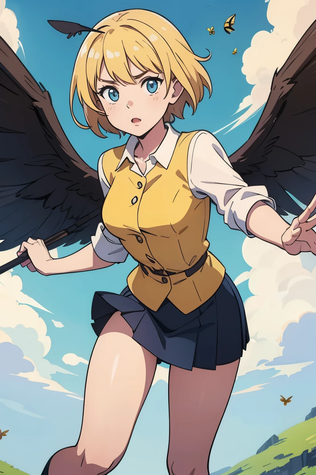 (Best quality:1.1), (Masterpiece:1.4), (Illustration fantastique:1.2), 1fille, cute girl, She wears a bee costume, bee, Short yellow hair, Very very short skirt, She flies with her wings