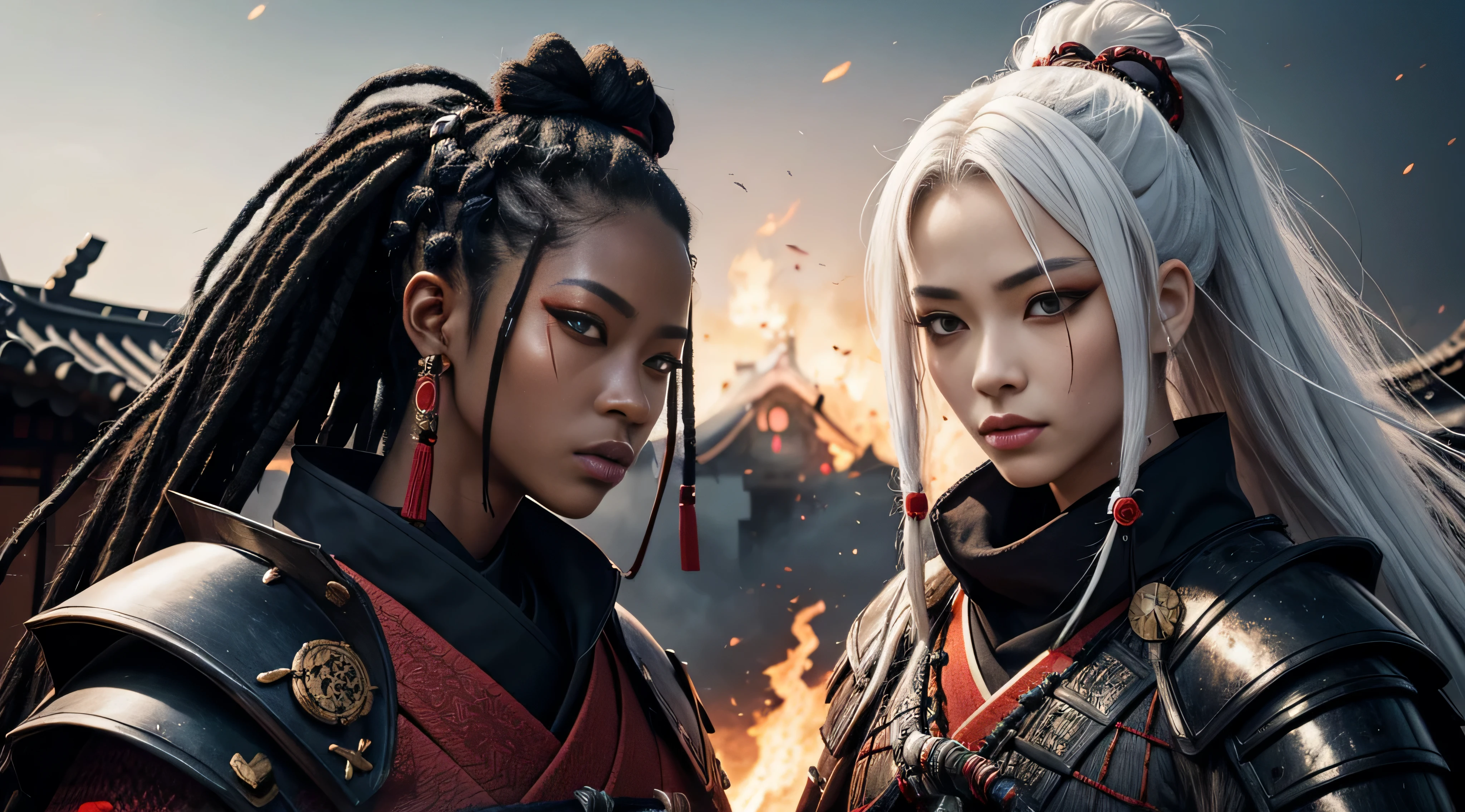 black woman, samurai clothing, Samurai armor, dreadlocks, Ron's, White hair, red eyes eyelashes, The village is on fire, divine Light, Demon Mask