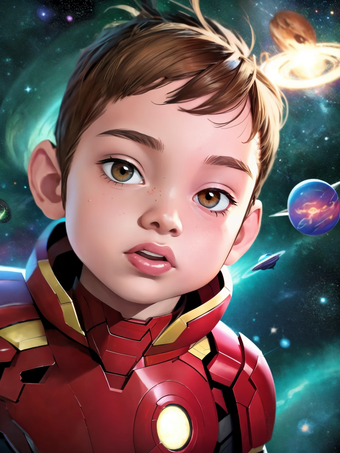 Cinematic Cartoon style. Comic art. TME0224 face, (((a baby boy, ***))) in a funny night, brown eyes, (((wearing a red Iron-Man costume))). (((Comic cosmic space with stars background))). cinematic lighting, drop shadow, masterpiece, UHD, anatomically correct, textured skin, super detail, high details, high quality, best quality, 4K