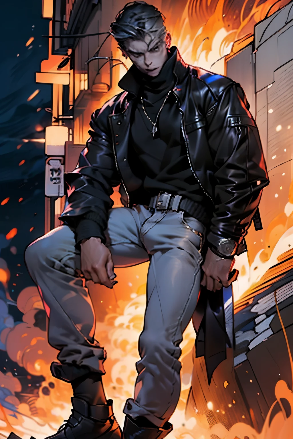 Handsome guy with short black hair parted in the middle,Loose brown leather jacket,There is a fur collar,turtleneck black bottoming shirt,jeans,Martin boots,Pointing a gun at the camera,A deserted village is burning in flames in the background