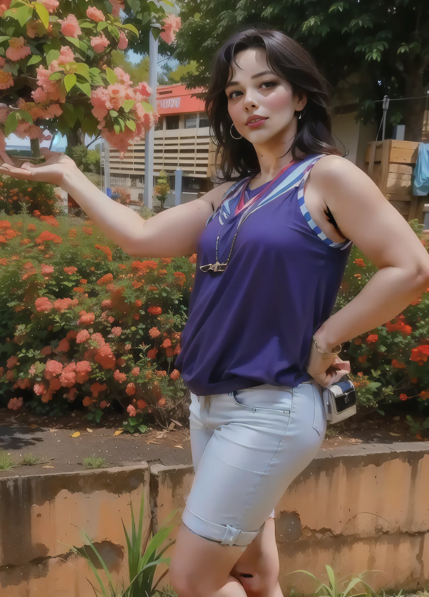 Mulher americana com pele branca bronzeada e cabelo castanho escuro, vestindo shorts jeans claros e uma blusa azul com decote baixo, seios grandes, em frente a um jardim. Your well-defined lips. seu grande, olhos encantadores parecem conter um mundo de maravilhas. Ela tem 35 anos. Ela tem 162 cm de altura e pesa 56 kg. Your body exudes glamor and your face is the definition of beauty, pernas bem torneadas, Beautiful lips, ela usa batom rosa, feeling of lightness and joy, hiperrealismo, obra de arte, alta qualidade, foto clara, high resolution, 8K.