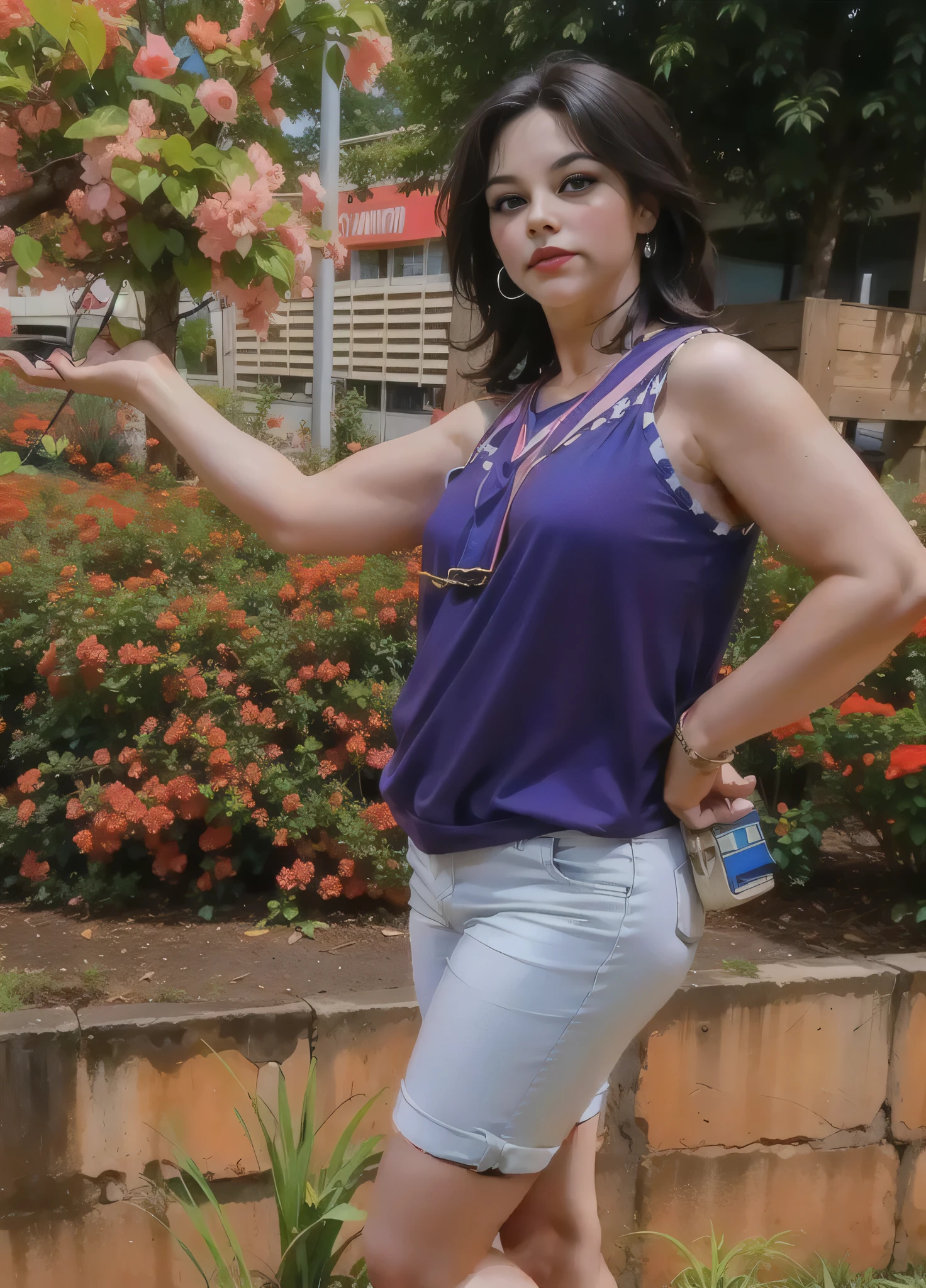 Mulher americana com pele branca bronzeada e cabelo castanho escuro, vestindo shorts jeans claros e uma blusa azul com decote baixo, seios grandes, em frente a um jardim. Your well-defined lips. seu grande, olhos encantadores parecem conter um mundo de maravilhas. Ela tem 35 anos. Ela tem 162 cm de altura e pesa 56 kg. Your body exudes glamor and your face is the definition of beauty, pernas bem torneadas, Beautiful lips, ela usa batom rosa, feeling of lightness and joy, hiperrealismo, obra de arte, alta qualidade, foto clara, high resolution, 8K.