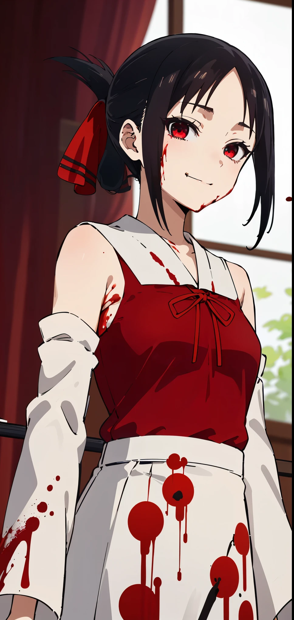 best quality, (masterpiece:1.2), detailed,
shinomiya kaguya,
1girl, solo, closed mouth, light smile,
black hair, red eyes, short hair, folded ponytail, hair ribbon, no sleeve, red ribbon,
standing, looking at the viewer, medium breasts,((upper body)), (((blood, evil, cruel girl, dominant))).