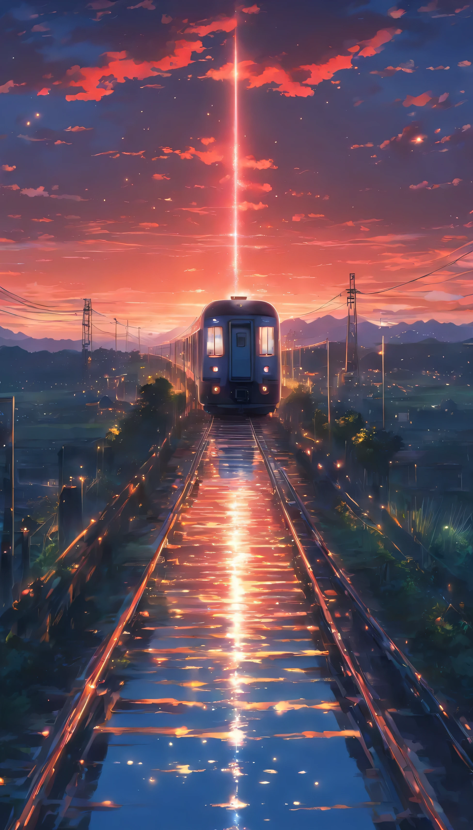 obra-prima de alta qualidade, Paisagem, Train anime passing through bodies of water on rails, Bright red starry sky. Romantic train, Pixiv, arte conceitual, Estilo de Arte Lofi, reflection. Por Makoto Shinkai, Arte Lofi, Anime Nice Jantar, Paisagem de anime, detailed scenery - width 672, em estilo de makoto shinkai, Estilo Makoto Shinkai, Detalhes aprimorados.