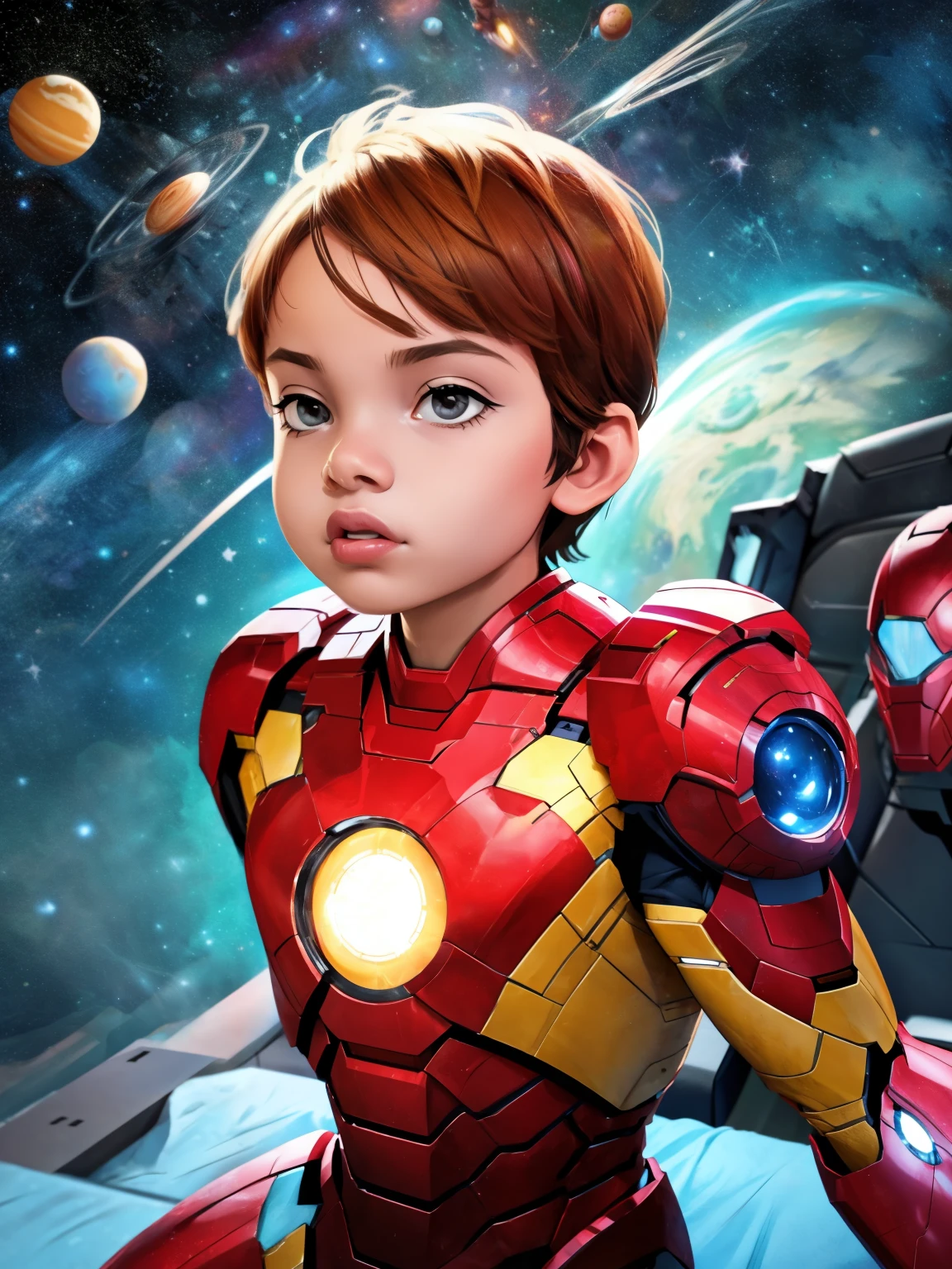 Cinematic Cartoon style. Comic art. TME0224 face, (((a baby boy, 4yo))) in a funny night, brown eyes, (((wearing a red Iron-Man costume))). (((Comic cosmic space with stars background))). cinematic lighting, drop shadow, masterpiece, UHD, anatomically correct, textured skin, super detail, high details, high quality, best quality, 4K