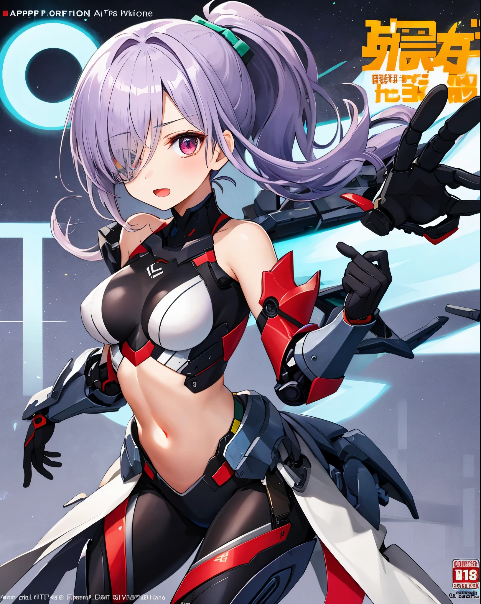 ,1girl,(teen:1.5), (short_ponytail:1.3), (light_whitish_purple_hair:1.3),black_mechanical_armor_parts,white_breasts_parts_red_black_body_suit,bare_shoulder,bare_slender_thighs,medium_breasts,on_the_desk, desk_background,Stinging_eyes,sleepy,thighhigh_greaves,gauntlets,dynamic_posing,bare_frank,metal_red_parts_armor,red_eye,solo,
fists,hold_weapon,glare,navel,large_mechanical_parts,happy,waist_armor,open_mouth,rise_legs,apart_legs, (covered_navel:1.3),(very_long_bangs:1.3), (hair_over_one_eye:1.5),(long_bang_covers_right_half_of_face:1.5),
(covered_pussy:1.1),covered_breasts,fighting,
