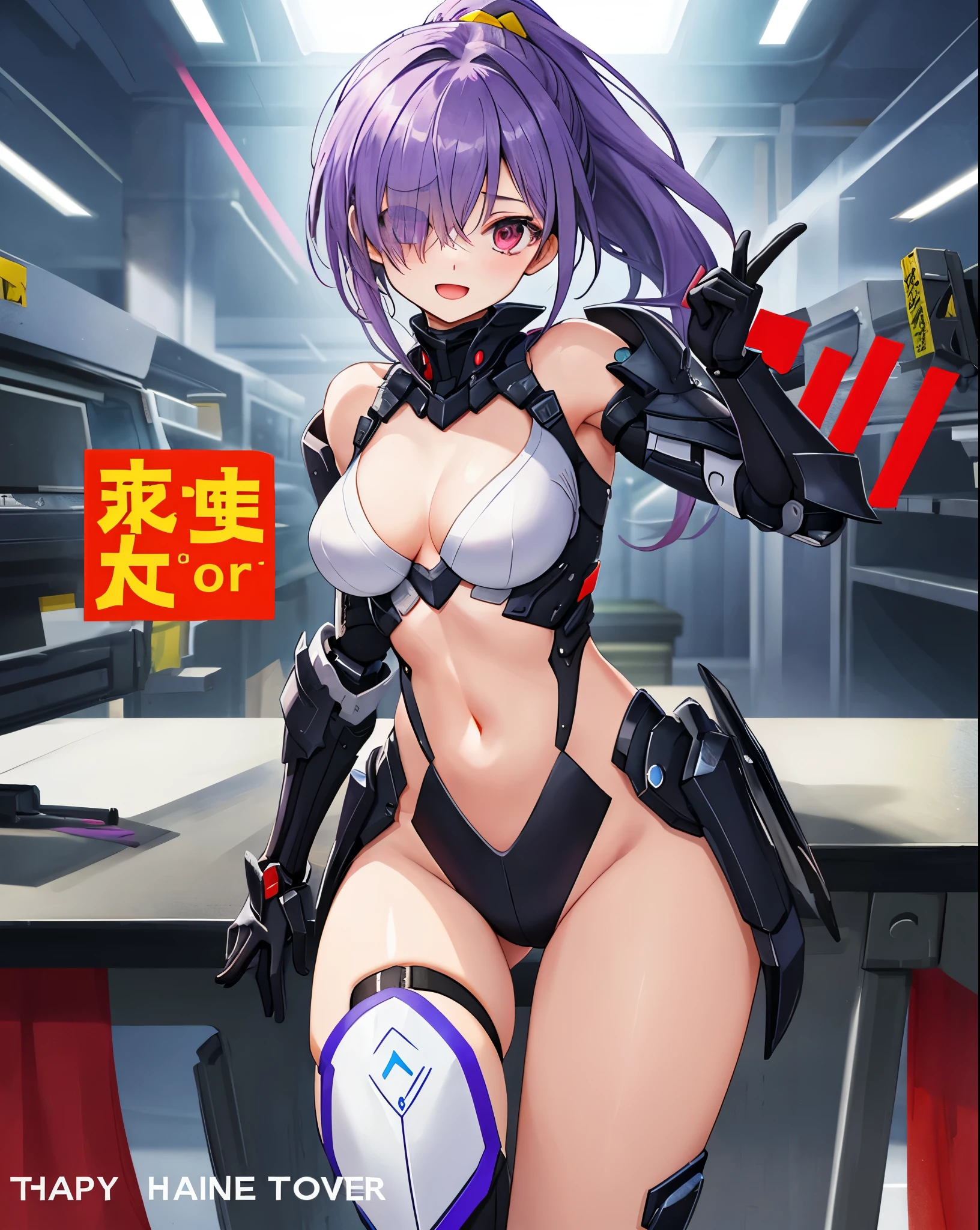 ,1girl,(:1.5), (short_ponytail:1.3), (light_whitish_purple_hair:1.3),black_mechanical_armor_parts,white_breasts_parts_red_black_body_suit,bare_shoulder,bare_slender_thighs,medium_breasts,on_the_desk, desk_background,Stinging_eyes,sleepy,thighhigh_greaves,gauntlets,dynamic_posing,bare_frank,metal_red_parts_armor,red_eye,solo,
fists,hold_weapon,glare,navel,large_mechanical_parts,happy,waist_armor,open_mouth,rise_legs,apart_legs, (covered_navel:1.3),(very_long_bangs:1.3), (hair_over_one_eye:1.5),(long_bang_covers_right_half_of_face:1.5),
(covered_pussy:1.1),covered_breasts,fighting,