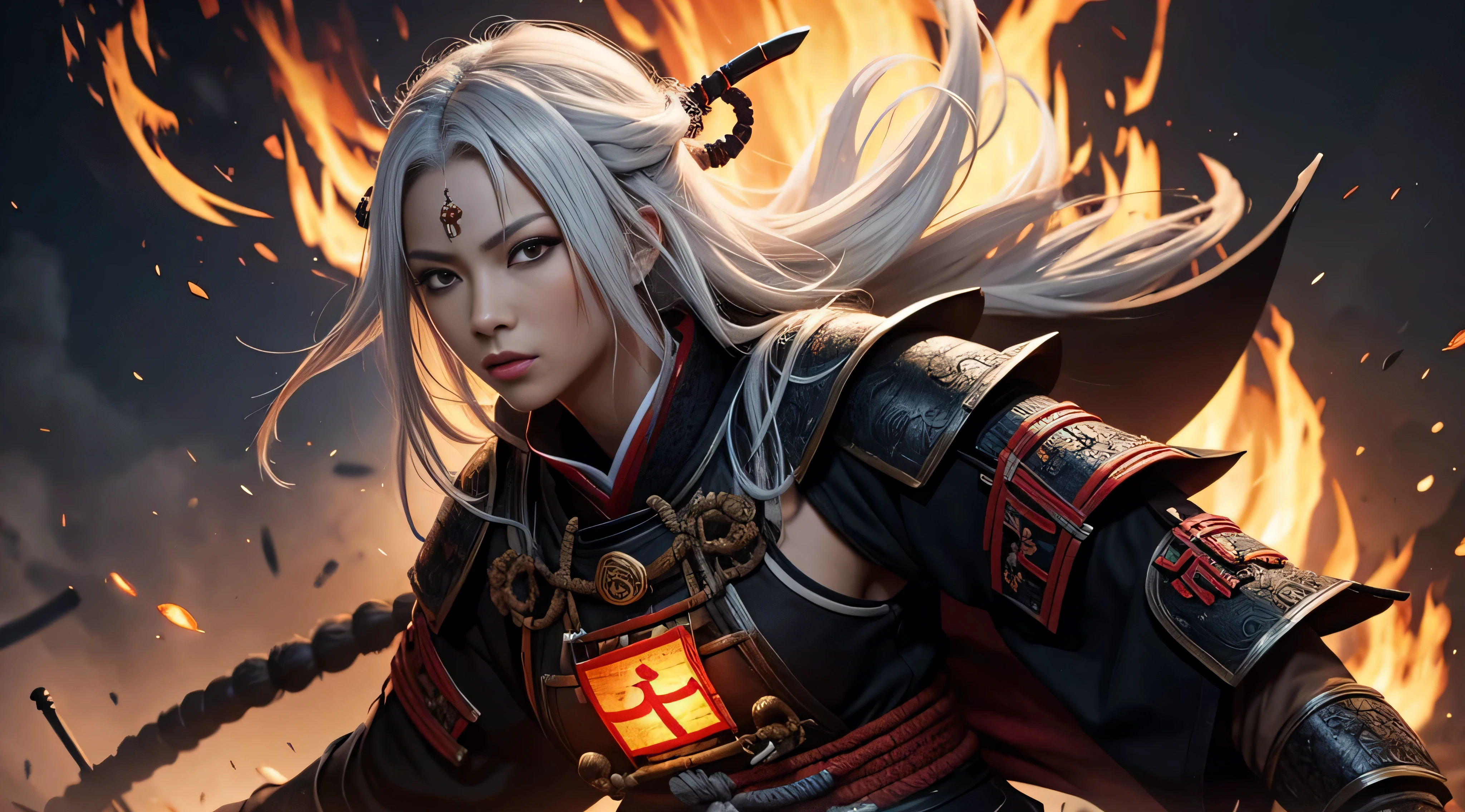black woman, samurai clothing, Samurai armor, dreadlocks, Ron's, White hair, red eyes eyelashes, The village is on fire, divine Light, Demon Mask