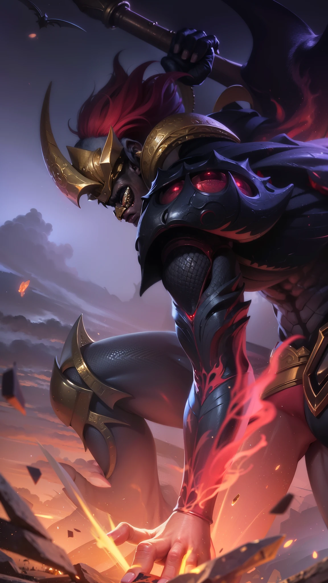 masculine male, masterpiece, ((perfect eyes)) best quality, (semirealism:1.9), beautiful lighting, (extremely detailed CG unity 4k fhd wallpaper), High Detail, Sharp focus, dramatic outdoors, white short hair, Boy with two big horns, big earrings on ears, elf ear, red eyes, Thick eyebrows, evil smile, grinning, red body, black face, Burning skin, yellow diamonds glistening on chest, burning red skin, golden robe behind, big white belt, 8k, realistic, scary, strong red eye glow (red eye:1.2).