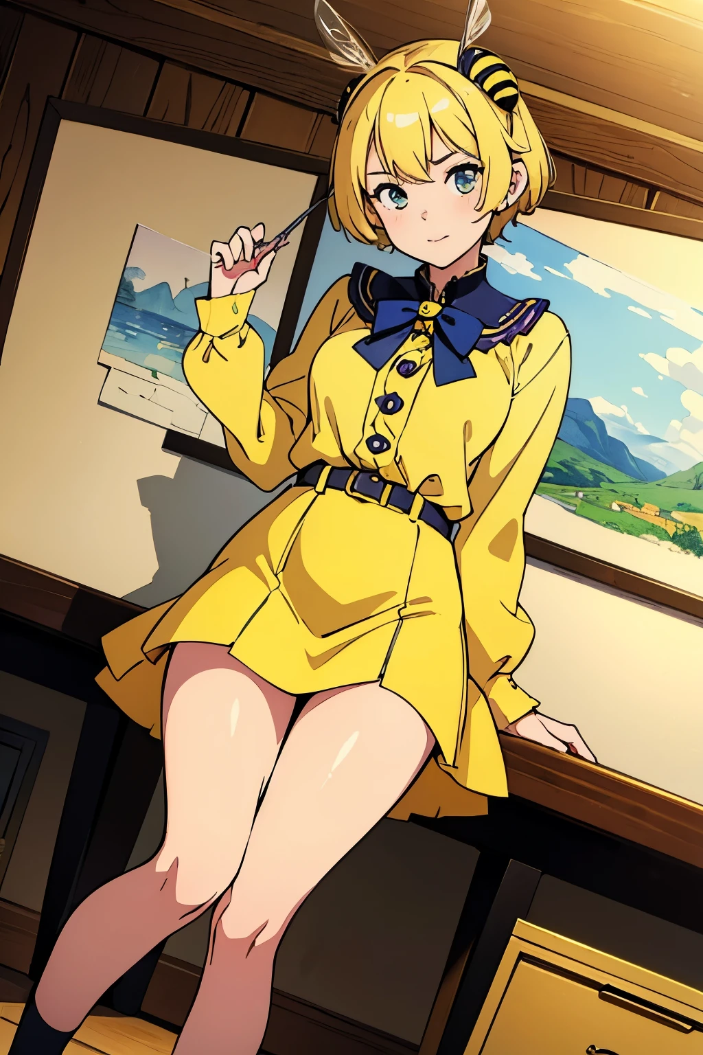 (Best quality:1.1), (Masterpiece:1.4), (Illustration fantastique:1.2), 1fille, cute girl, She wears a bee costume, bee, Short yellow hair, short skirt,