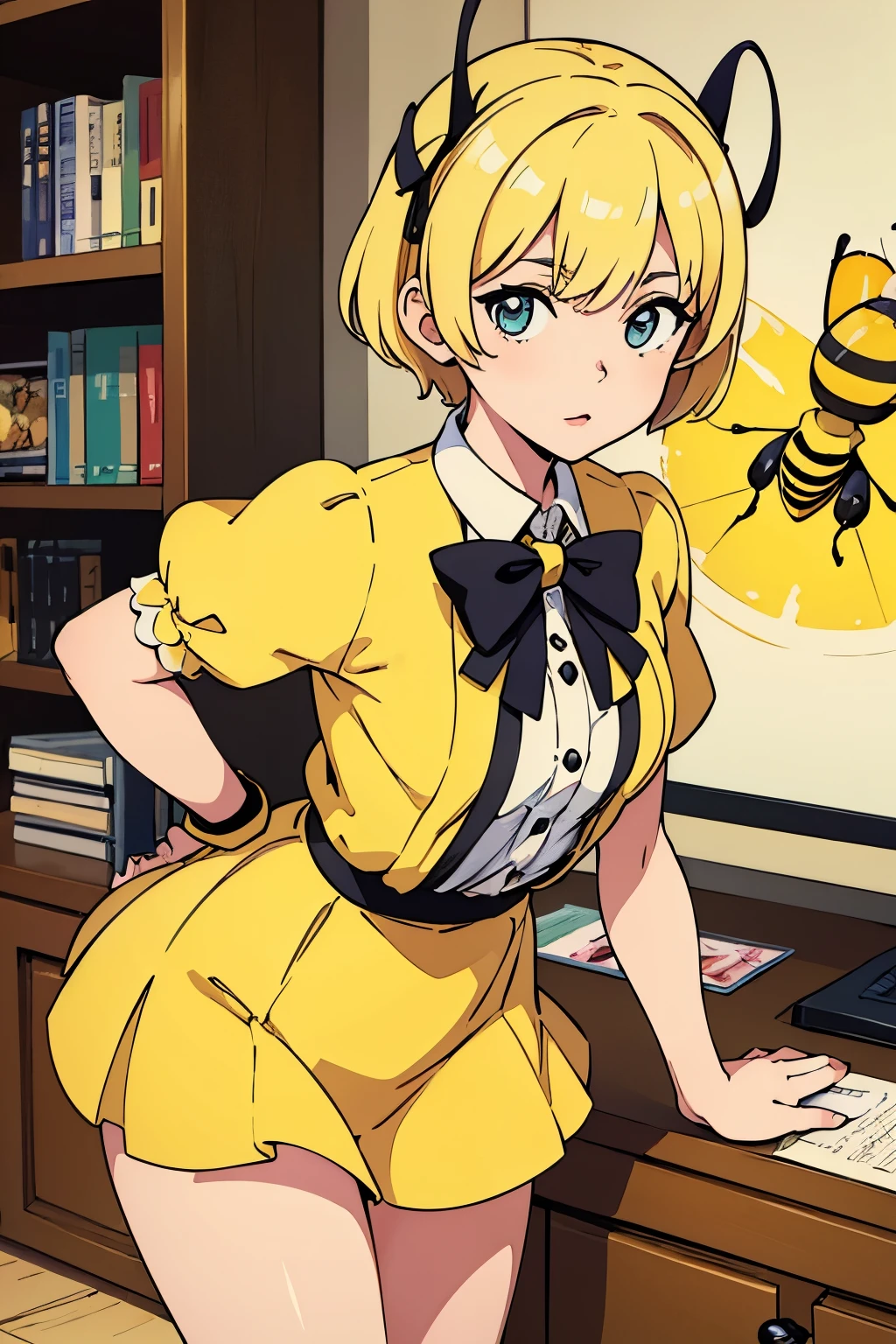 (Best quality:1.1), (Masterpiece:1.4), (Illustration fantastique:1.2), 1fille, cute girl, She wears a bee costume, bee, Short yellow hair, short skirt,