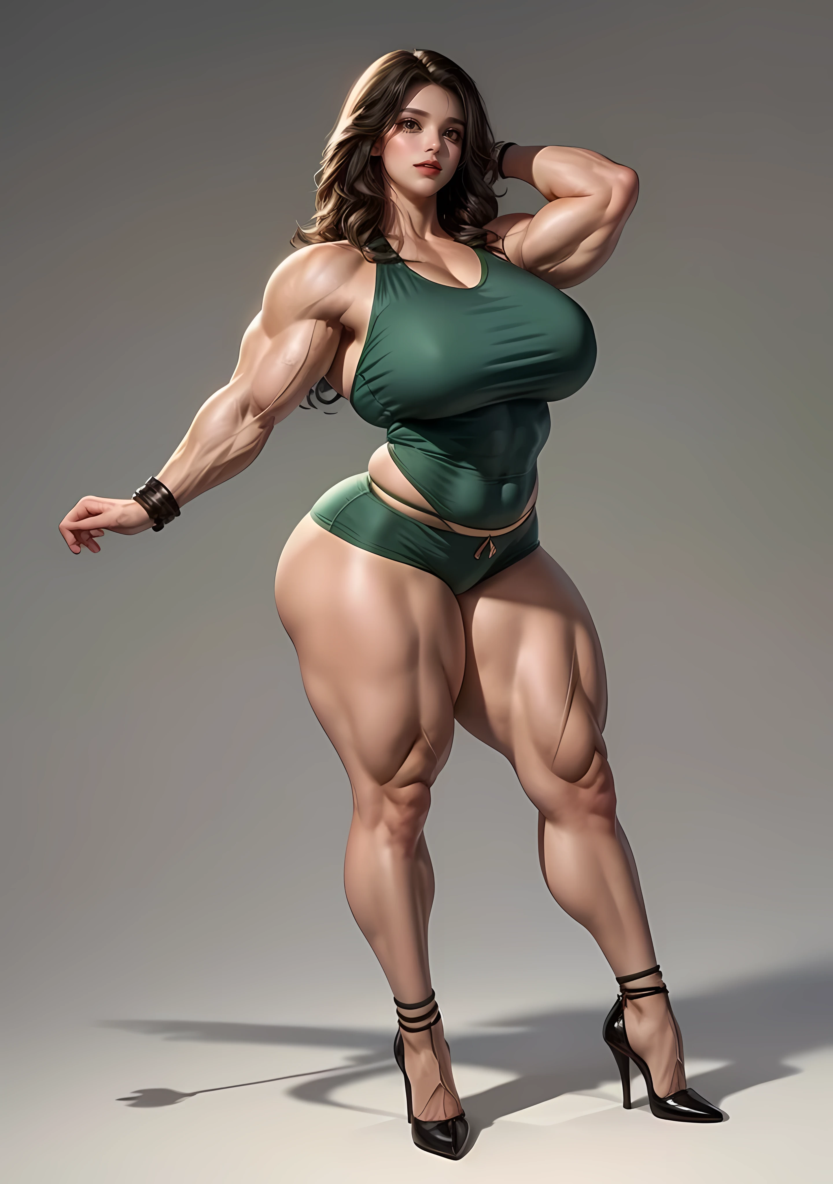 tmasterpiece,(Full body like:1.1),Burly woman,Exaggerated large muscles,Beautiful and charming Latin American woman face,largeeyes, 1female,Thin waist,Very broad shoulders,Huge latissimus dorsi, Strong and powerful arms,Stout arms,Thick and powerful leg muscles,long leges,a little bit chubby