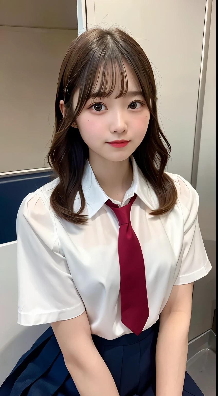 (masterpiece, best quality:1.2), 8k, , 85mm, official art, raw photo, absurdres, white dress shirt, pretty face, close up, upper body, violaceaess, gardeniass, beautiful girl, school uniform, (navy pleated skirt:1.1), cinch waist, thighs, short sleeve, in train, sitting on bench seat, looking at viewer, no makeup, (smile:0.4), film grain, chromatic aberration, sharp focus, facelight, clear lighting, teentailed face, bokeh background, (dark red necktie:1.1)