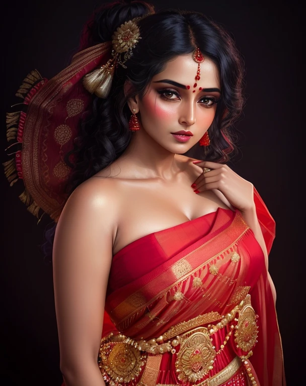 a woman in a red and gold sari posing for a picture, traditional beauty, traditional makeup, dressed in a sari, indian goddess, indian super model, 7 0 mm portrait, modeling photography, 7 0 mm. dramatic lighting, modeling shoot, wearing a sari, traditional female hairstyles, inspired by Raja Ravi Varma, photoshoot, assamese aesthetic, indian, profile image