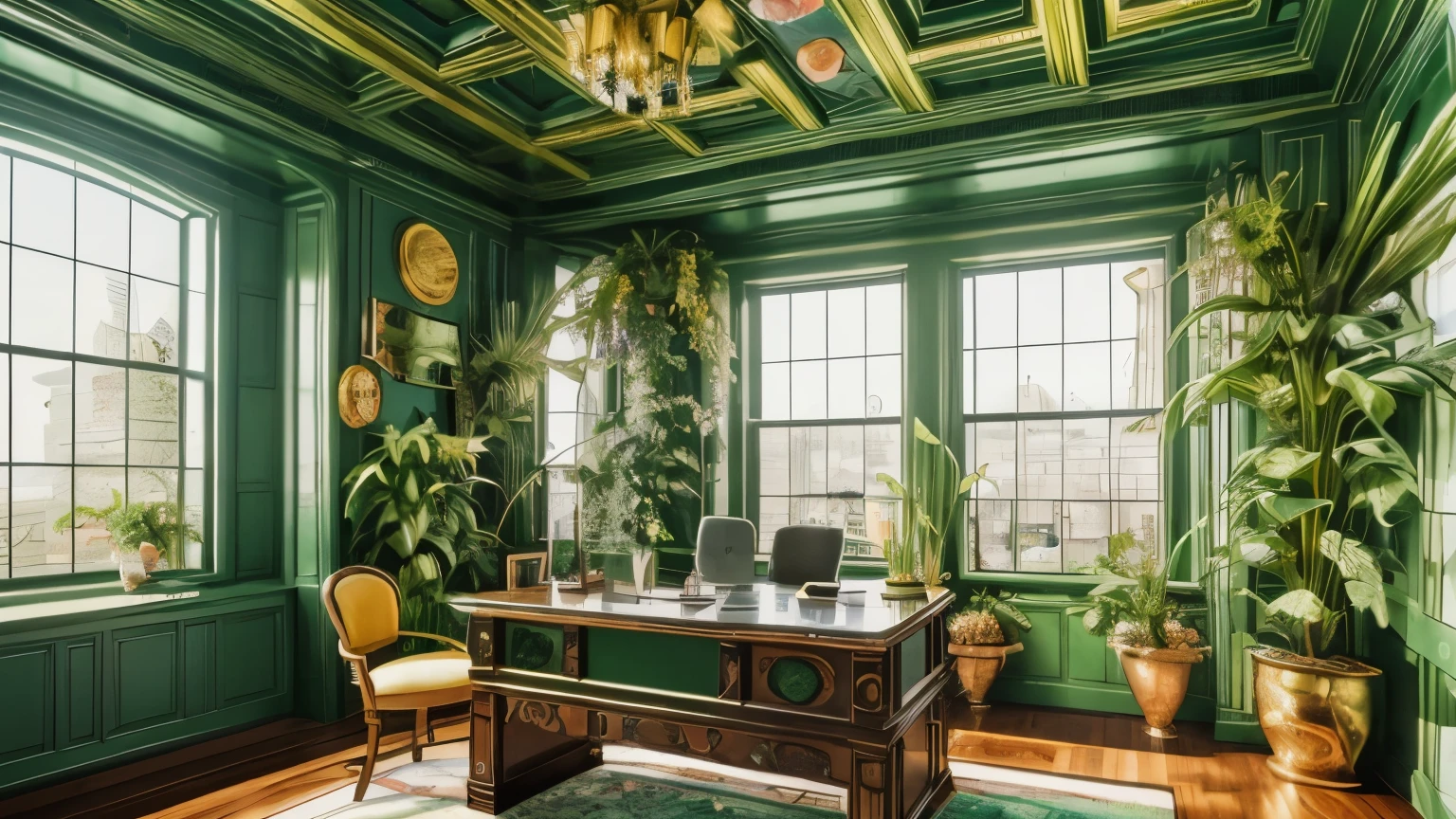 Maximalist Green Architectural Digest Photo {Vaporwave/steampunk/solar punk} ((home office)) with flowers and plants, golden light, surreal surrealism, Award-winning masterpiece with amazing details, magnificent wonderful