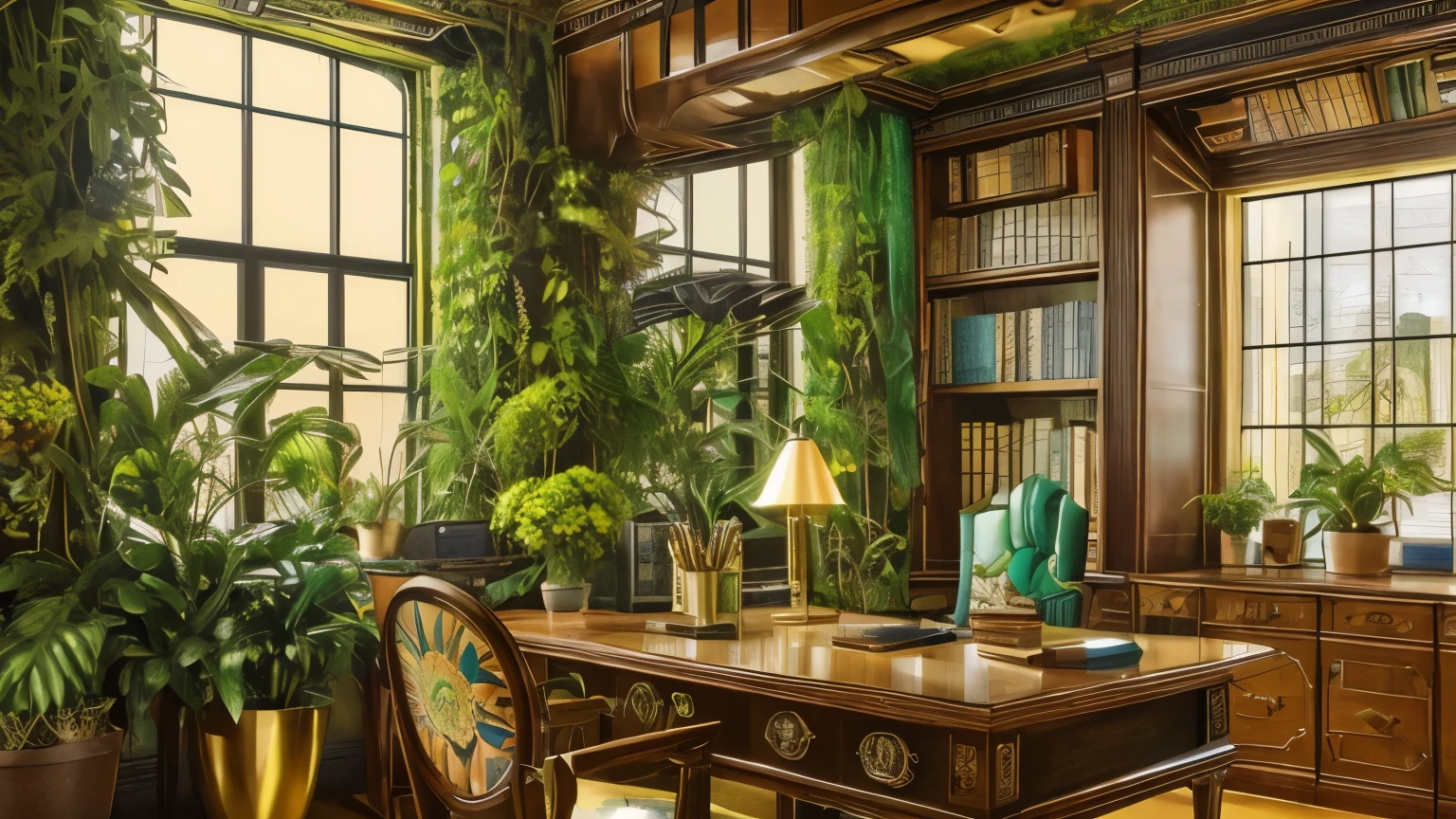 Maximalist Green Architectural Digest Photo {Vaporwave/steampunk/solar punk} ((home office)) with flowers and plants, golden light, surreal surrealism, Award-winning masterpiece with amazing details, magnificent wonderful