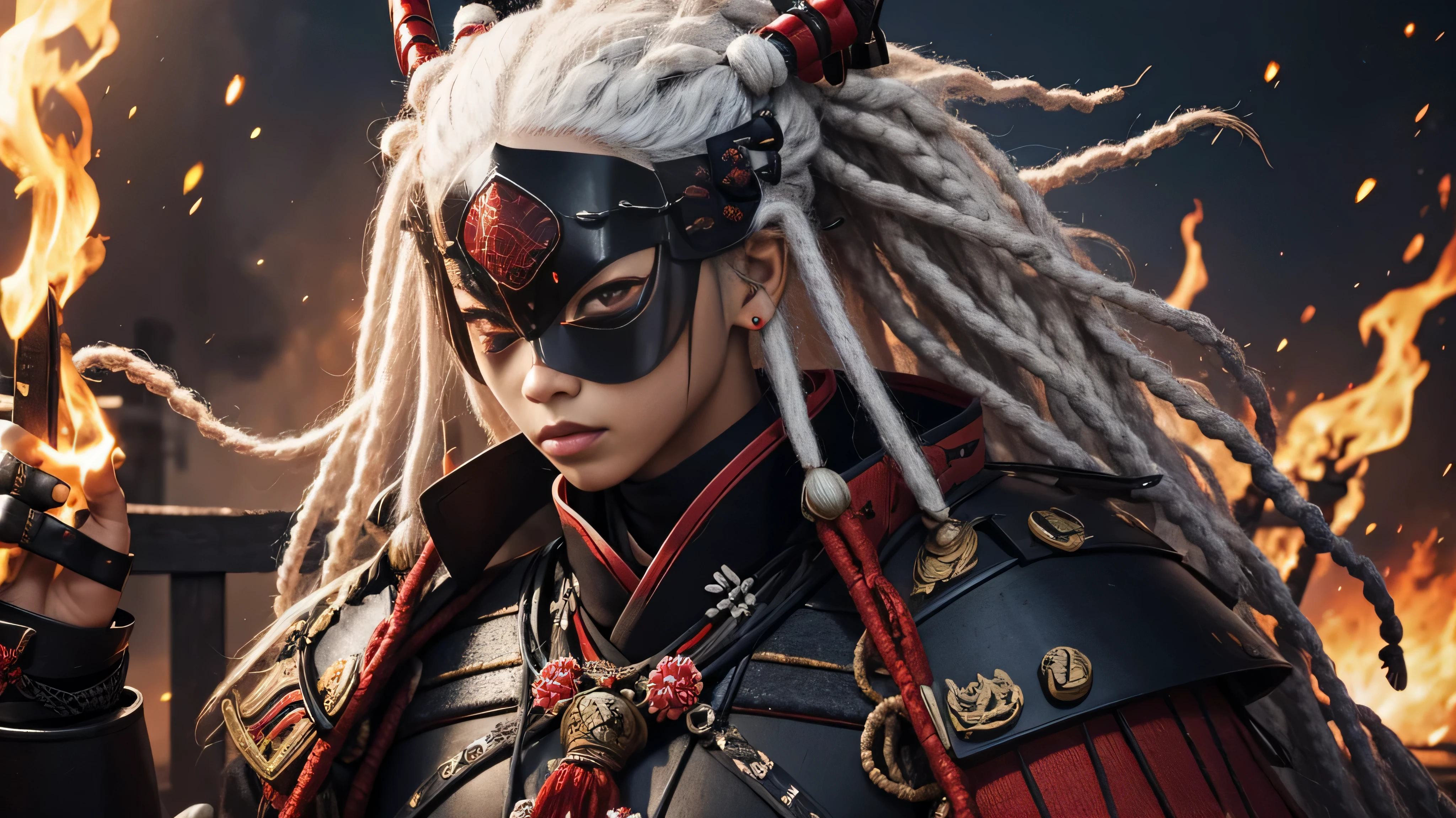 black woman, samurai clothing, Samurai armor, dreadlocks, Ron's, White hair, red eyes eyelashes, The village is on fire, divine Light, Demon Mask