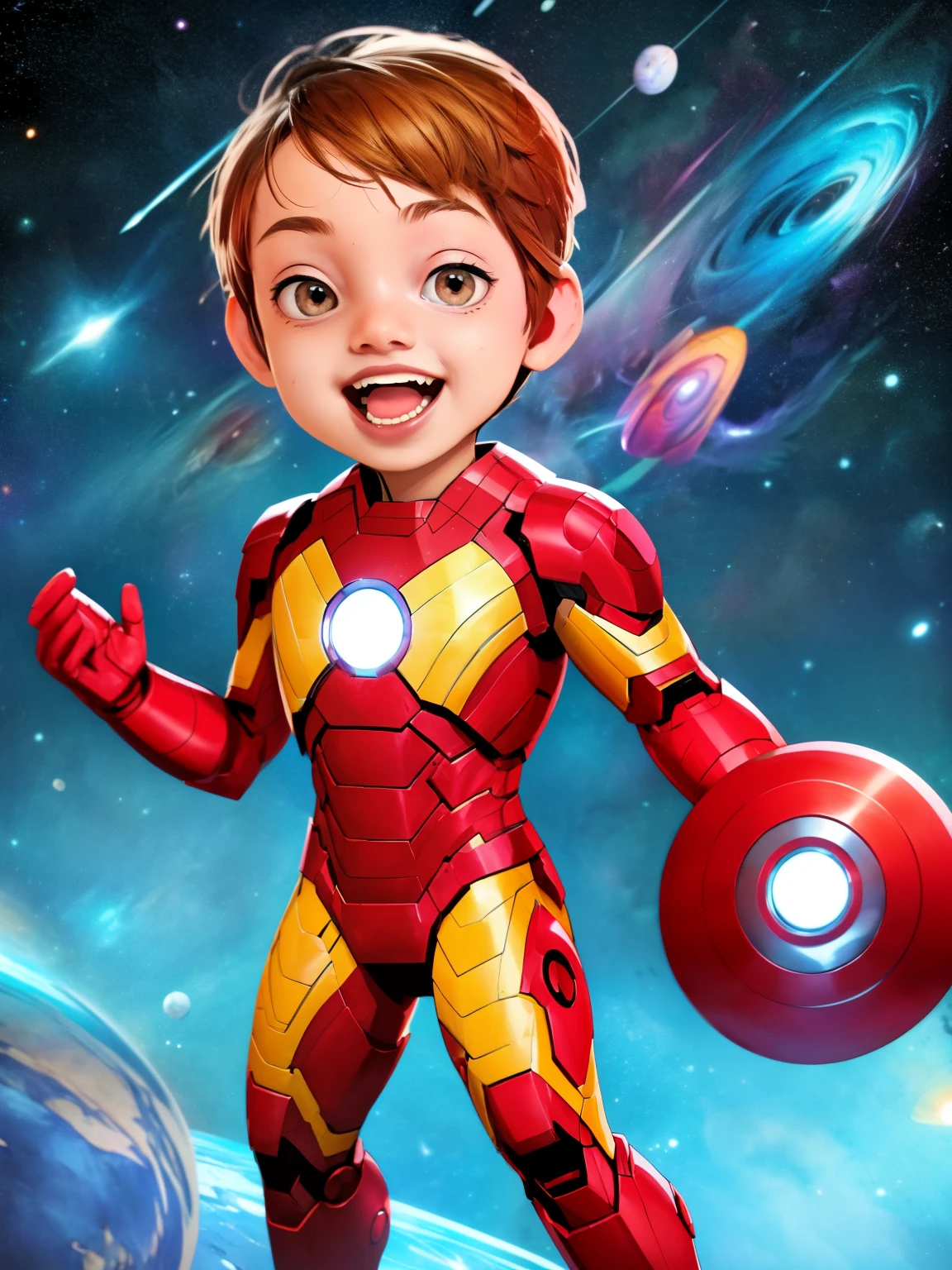 Cinematic Cartoon style. Comic art. TME0224 face, (((a baby boy, ***))) in a funny night, brown eyes, (((wearing a red Iron-Man costume))). (((Comic cosmic space with stars background))). cinematic lighting, drop shadow, masterpiece, UHD, anatomically correct, textured skin, super detail, high details, high quality, best quality, 4K