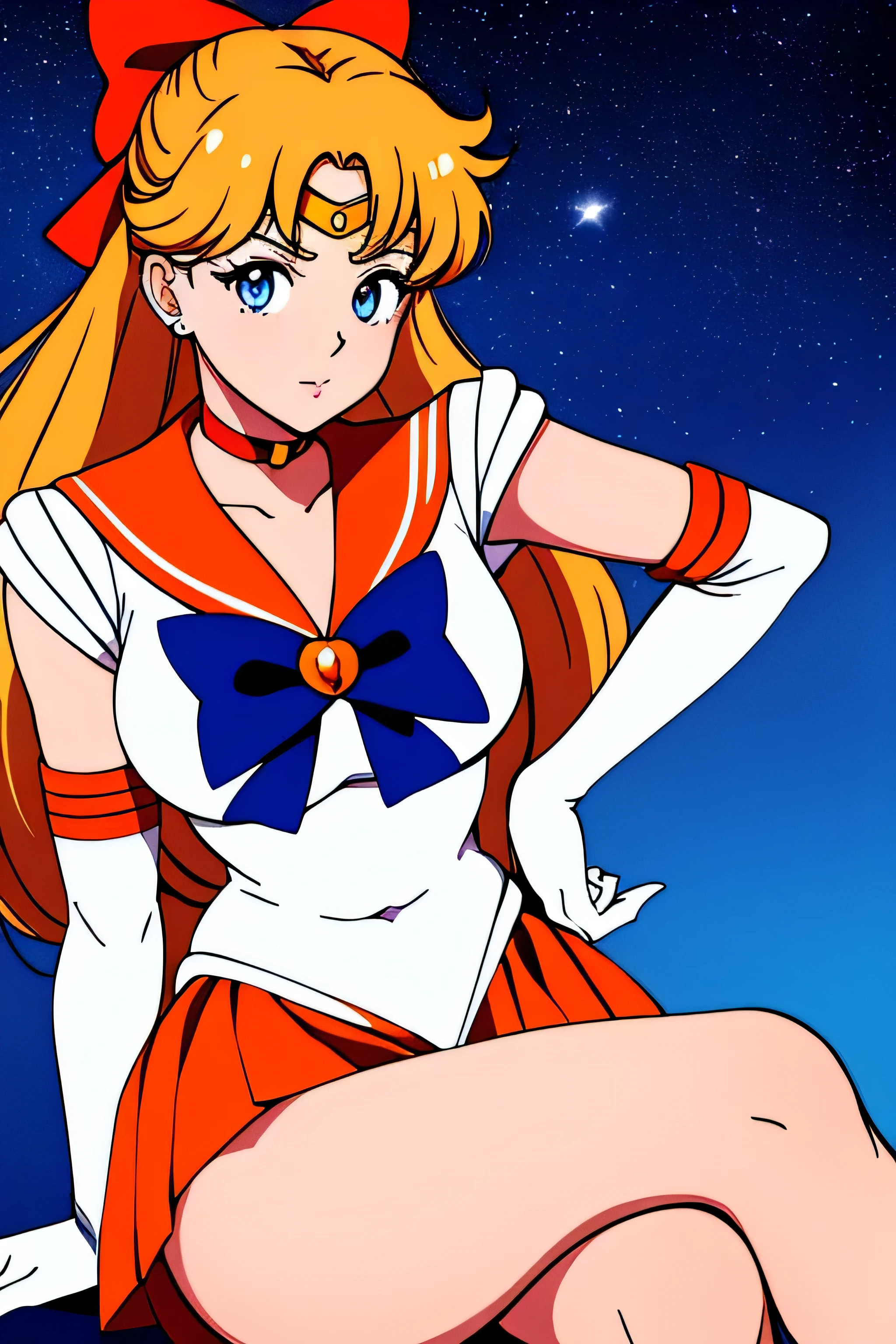 Obra maestra, Mejor calidad, high resolution, sv1, Uniforme Marinero Senshi, falda naranja, Guantes de codo, Tiara, cuello marinero naranja, Arco rojo, Gargantilla Naranja, guantes blancos, joyas, (1990s \(Estilo\):0.9), Detalle de cara, session, piernas cruzadas , MOSTRAR BOTIN, venus marinero rubio, minako aino