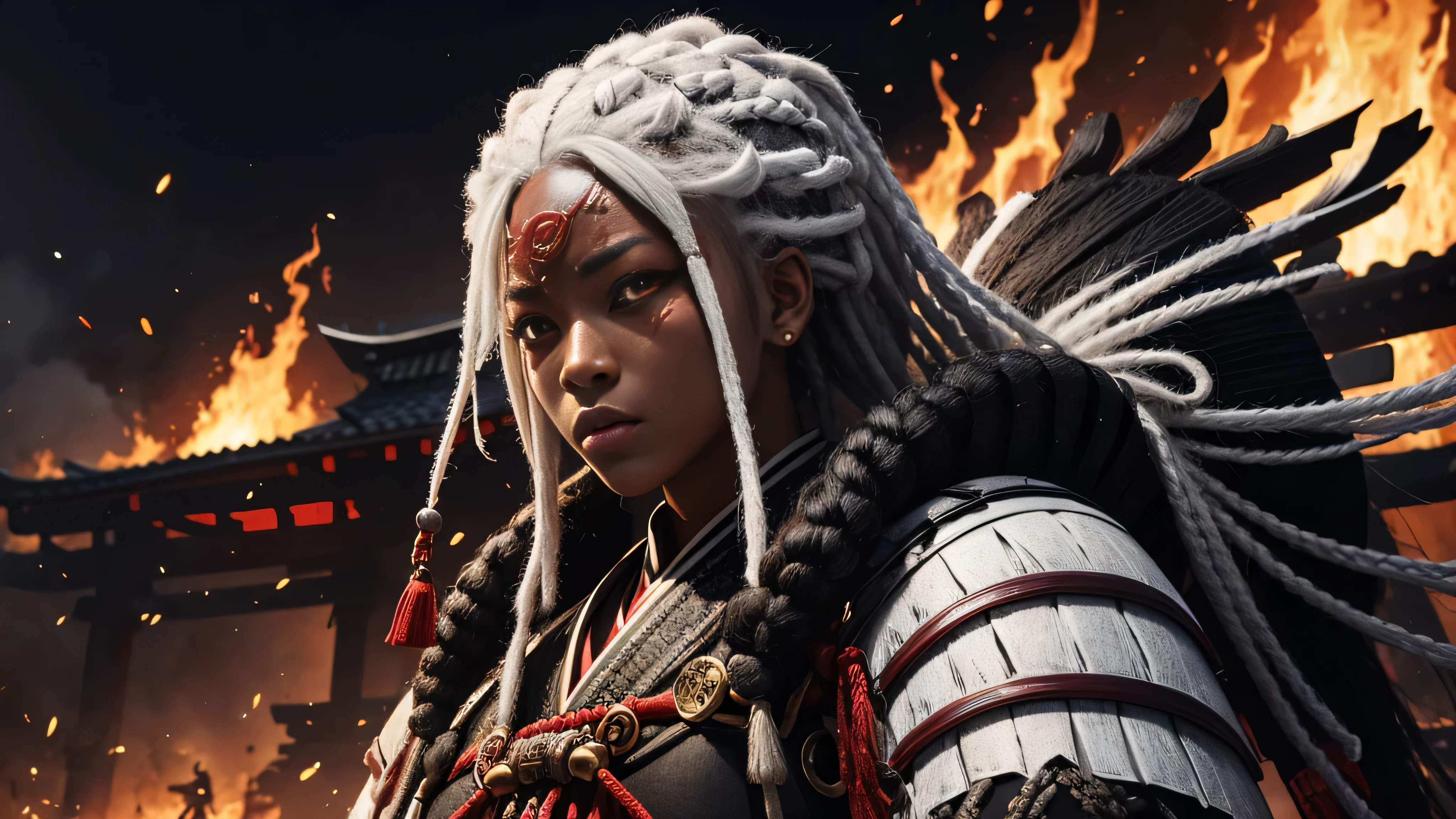 black woman, samurai clothing, Samurai armor, dreadlocks, Ron's, White hair, red eyes eyelashes, The village is on fire, divine Light, Demon Mask