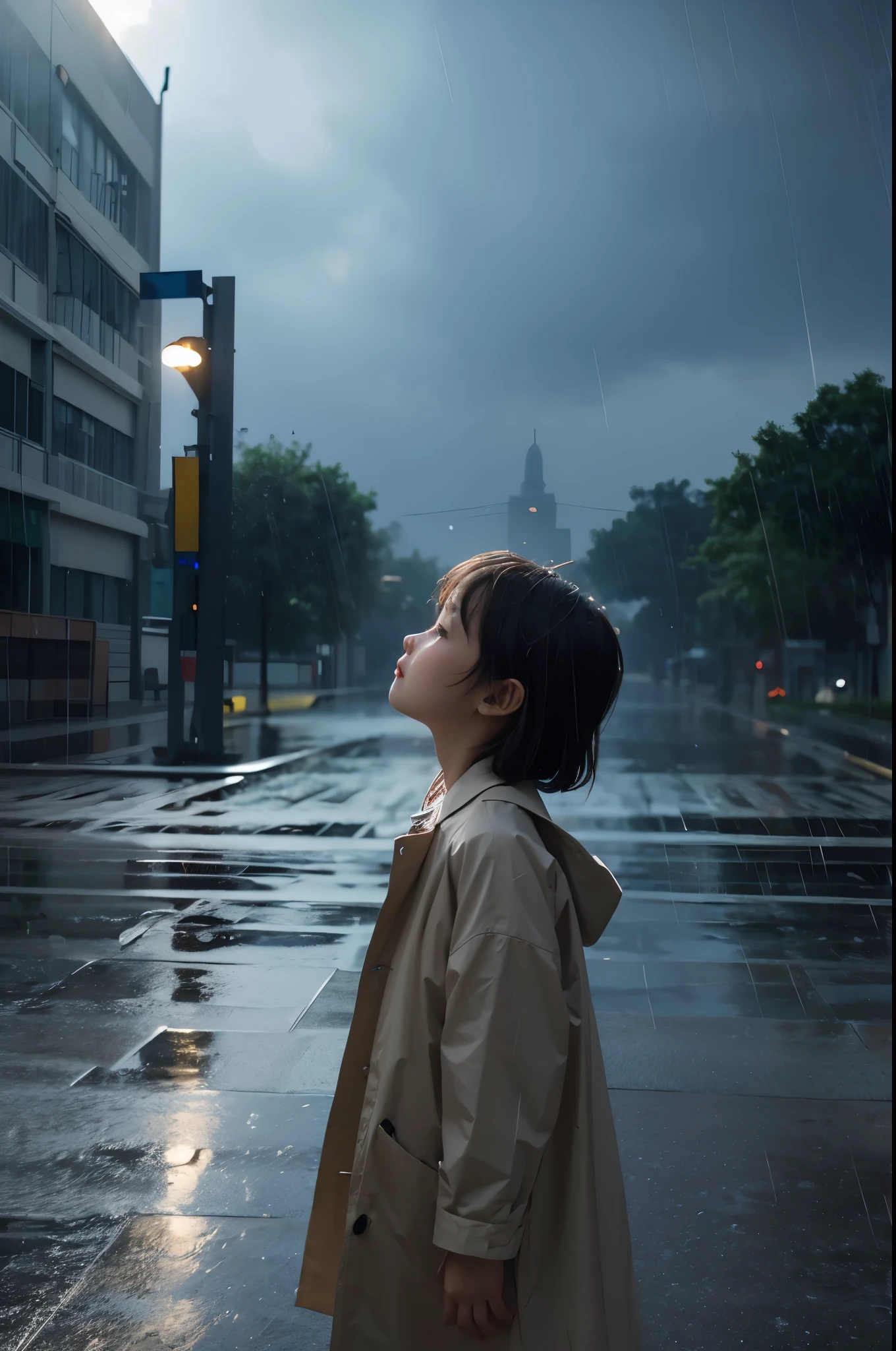 It was raining in the sky, and the child was in the rain with his head up  一束曙光  希望