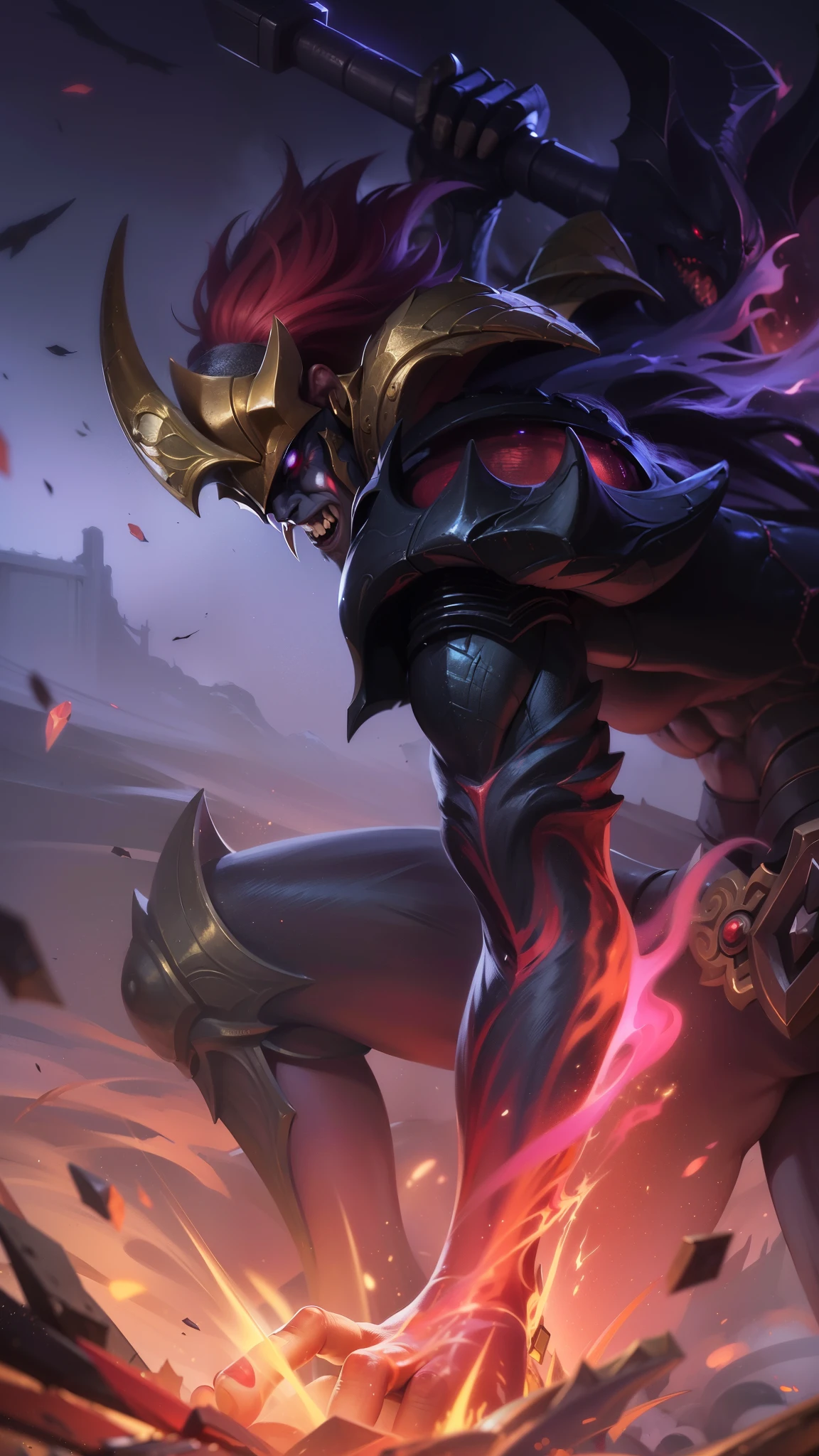 masculine male, masterpiece, ((perfect eyes)) best quality, (semirealism:1.9), beautiful lighting, (extremely detailed CG unity 4k fhd wallpaper), High Detail, Sharp focus, dramatic outdoors, white short hair, Boy with two big horns, big earrings on ears, elf ear, red eyes, Thick eyebrows, evil smile, grinning, red body, black face, Burning skin, yellow diamonds glistening on chest, burning red skin, golden robe behind, big white belt, 8k, realistic, scary, strong red eye glow (red eye:1.2), a close up of a person on a horse with a fire, official splash art, splash art, painted portrait of mordekaiser, league of legends splash art, league of legends splashart, league of legends concept art, league of legends art, iconic character splash art, 8 k hd wallpaperjpeg artifact, 8k hd wallpaperjpeg artifact.