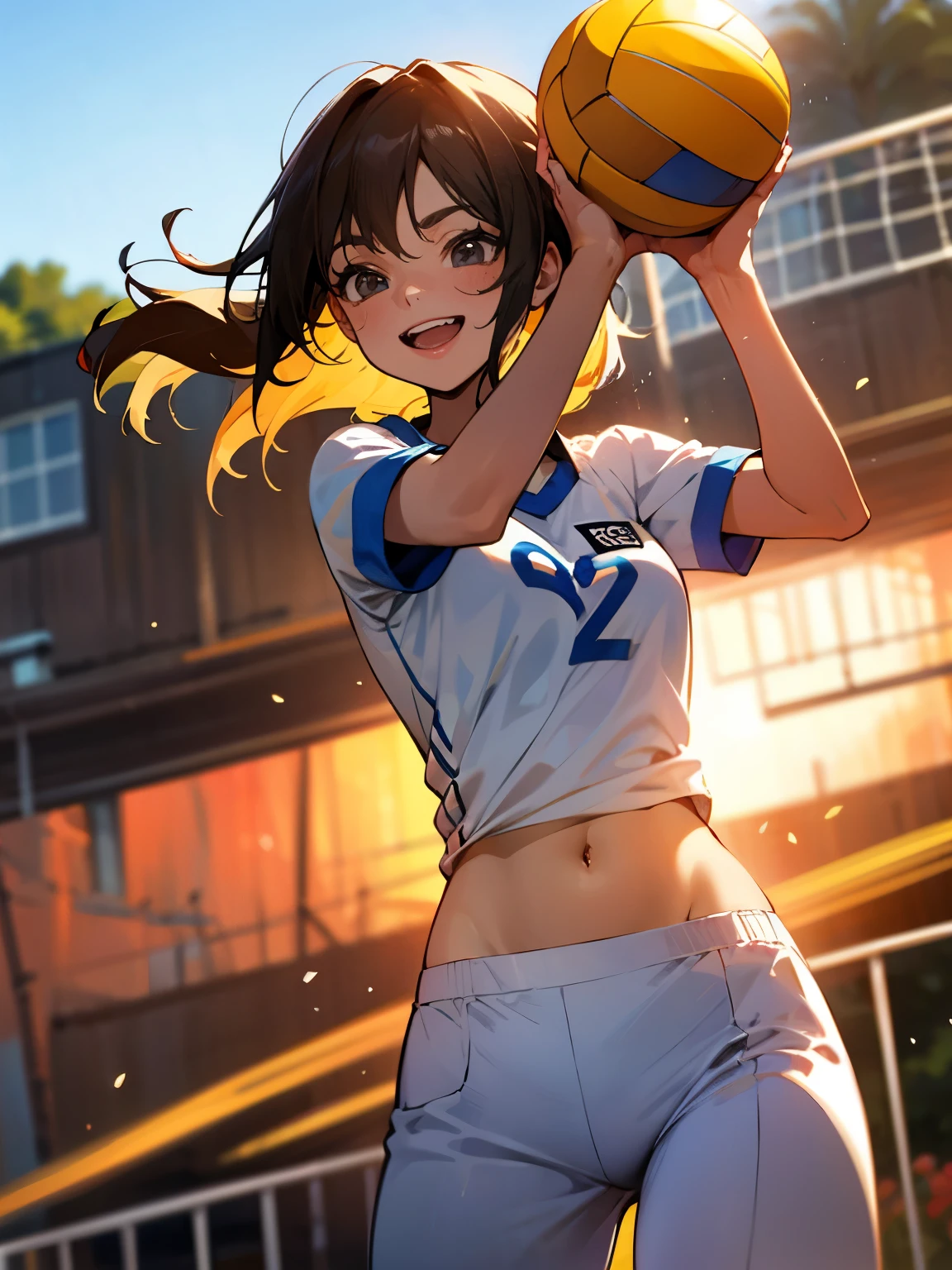 Wearing white sportswear，White sports pants，Playing volleyball，Sunny and cheerful，concentrated