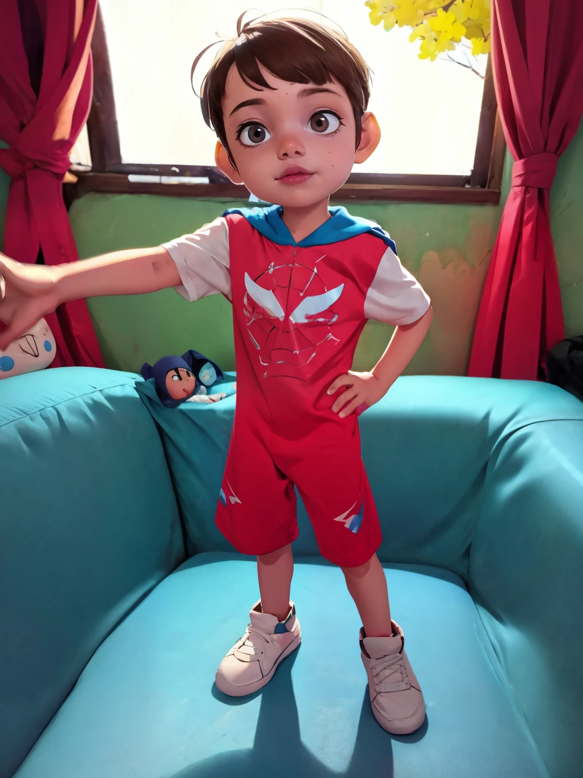 Cinematic Cartoon style. Comic art. TME0224 face, (((a , 4yo))) in funny night, brown eyes, (((wearing a American captain costume))). (((cinematic Comic war background))). cinematic lighting, drop shadow, masterpiece, UHD, anatomically correct, textured skin, super detail, high details, high quality, best quality, 4K