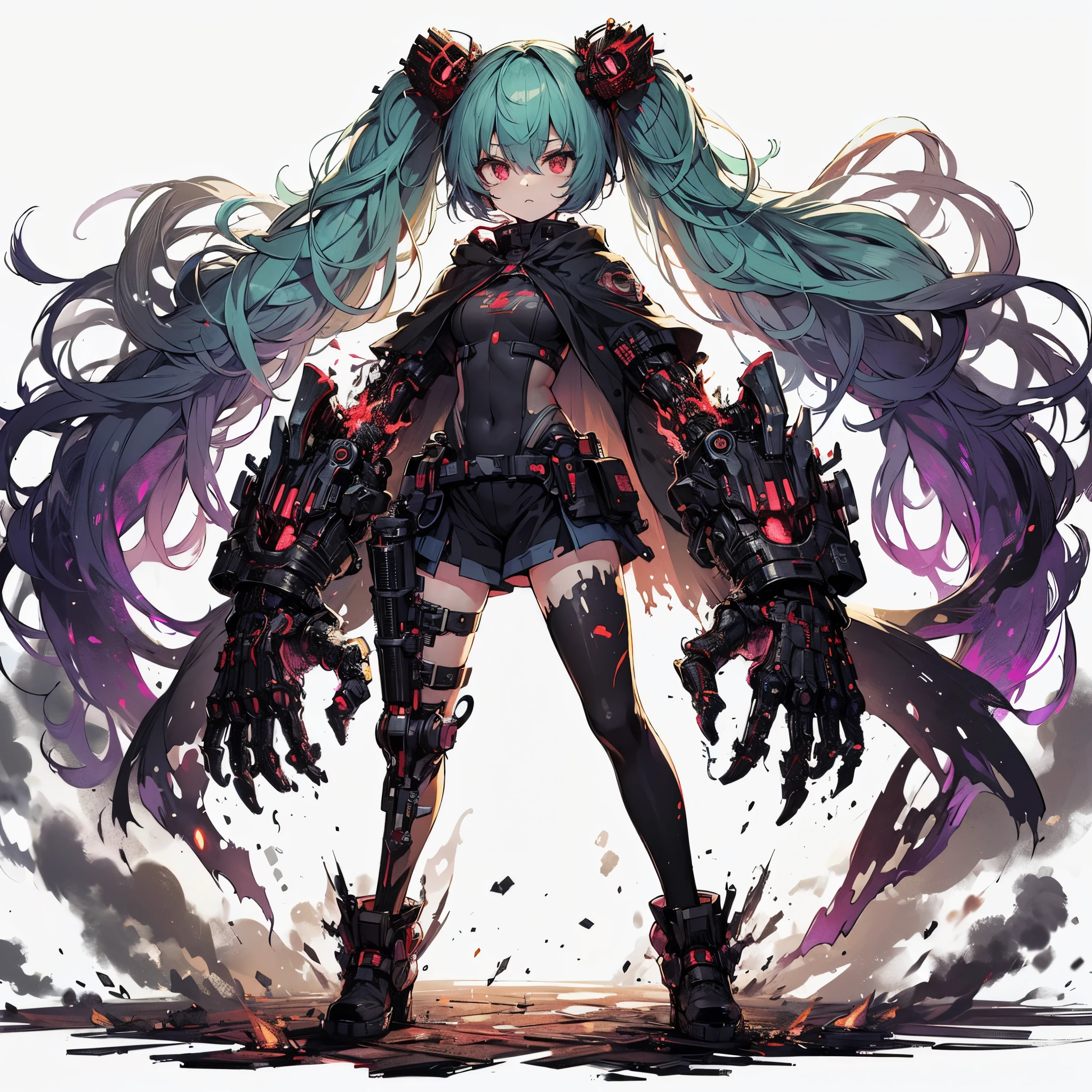 (masterpiece, Best Quality), (Perfect athlete body:1.2), (detailed hairs), Ultra-detailed, Anime style, Full body, cyberpunk Egge runner girl, burnt black mechanical limb, ((fists of black-purple flame)), Sea green two topknot hairstyle with red eyes, wearing raged cape and cyberpunk outfit. standing in burned earth, 8k high resolution, white background, whole-body, full-length view,