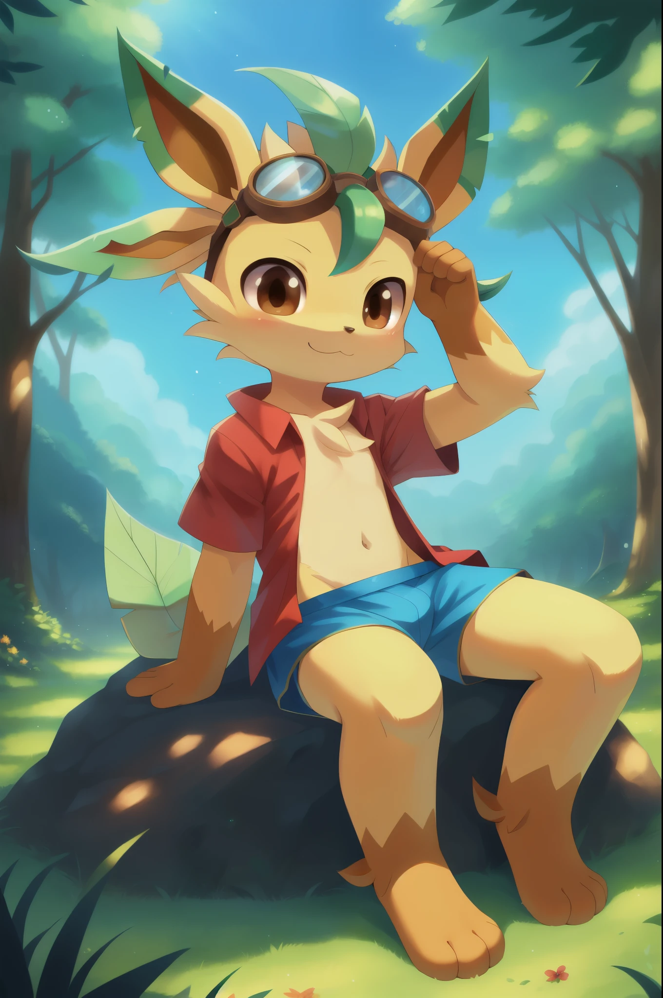 Leafeon, anthro, young, brown eyes, two tone body fur, clear yellow body fur, clear green body fur, brown hands, brown feets, feets whit three toes, detailed body fur, detailed face, detailed eyes, glistering body, shiny body, gorgeous body, masterpiece, high quality, anime style, full body, :3, forest, clear sky, sitting on rock, ((red hawaiian shirt, open clothes, blue swim trunks, goggles)),